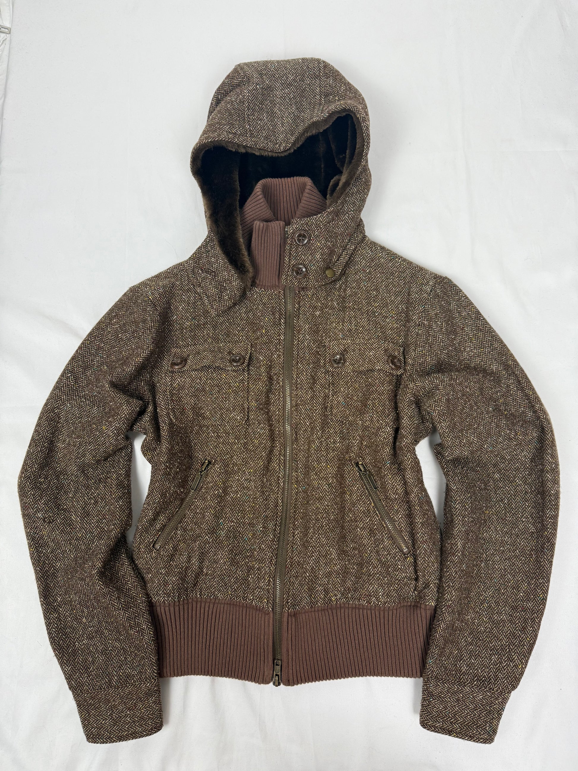 Brown inside faux fur hooded biker jacket (M)