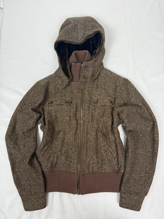 Brown inside faux fur hooded biker jacket (M)