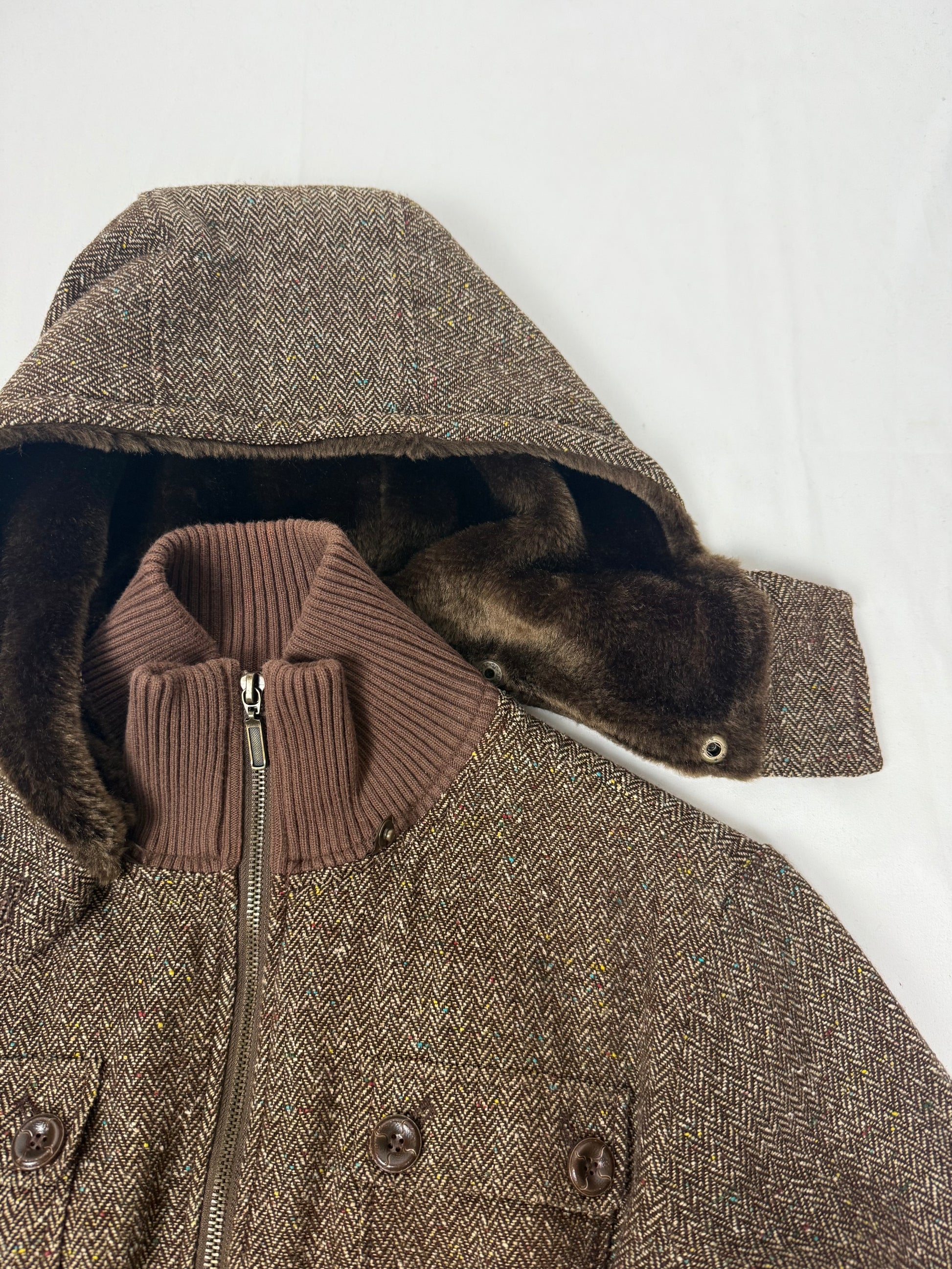 Brown inside faux fur hooded biker jacket (M)