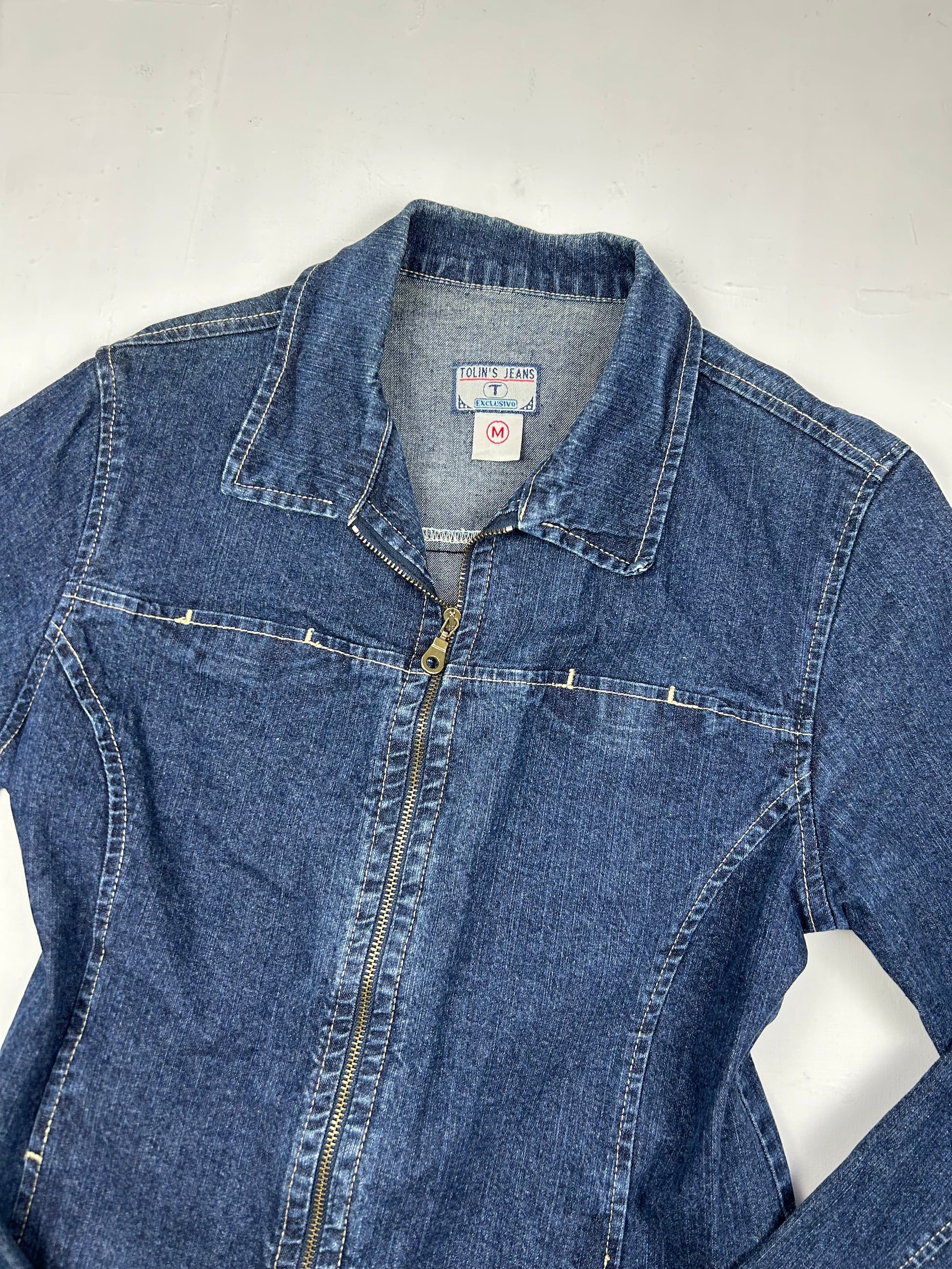 Blue denim zip up biker jacket (S/M)