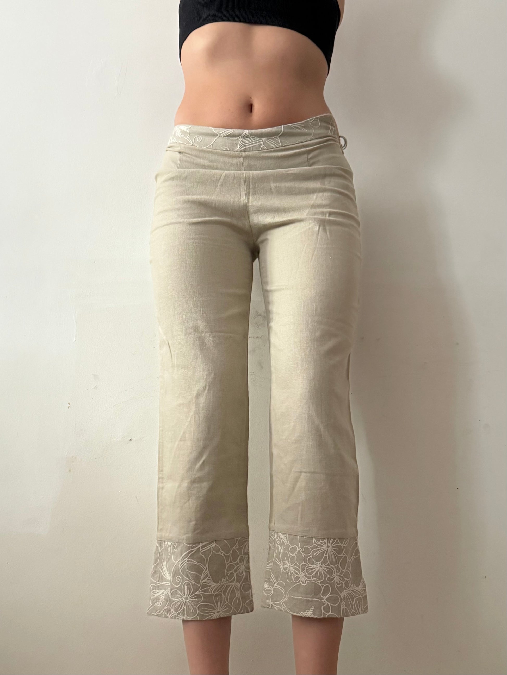 Beige zip up linen tee + capri pants set (S)