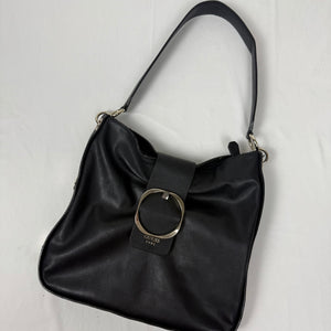 Black pvc leather gold buckle besace shoulder bag (30x32cm)