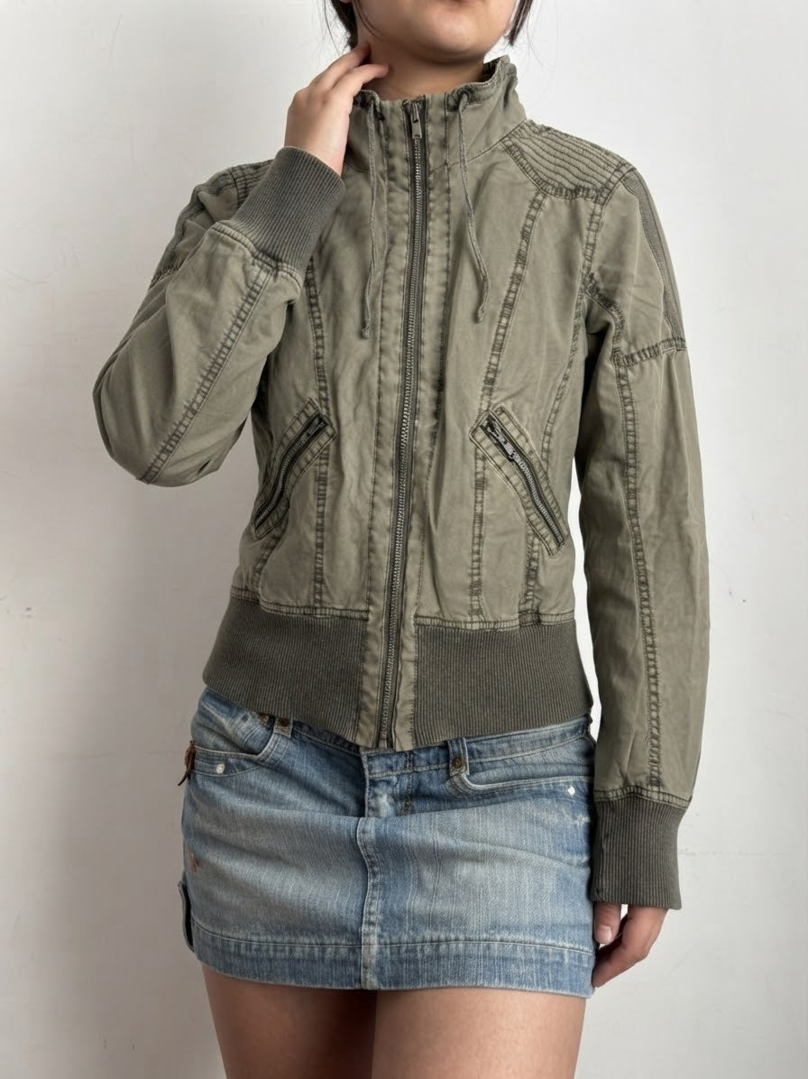 Khaki zip up biker jacket (L)
