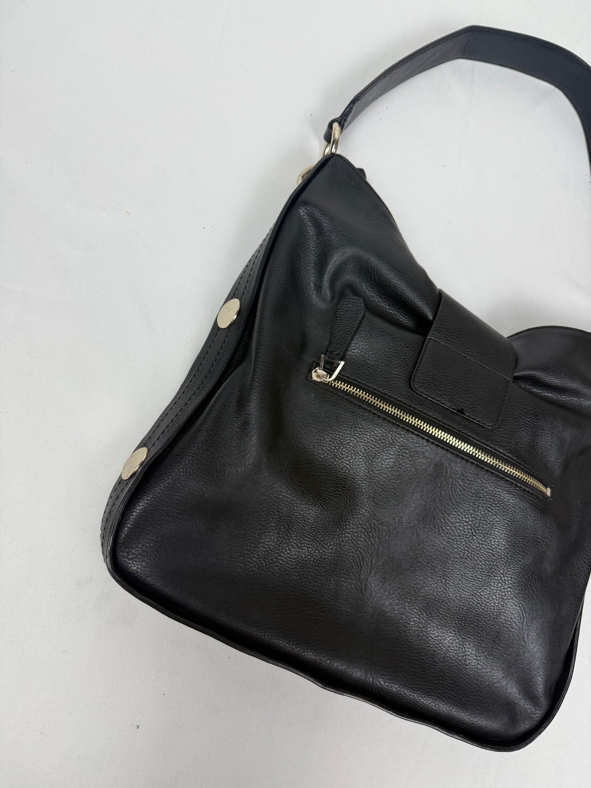 Black pvc leather gold buckle besace shoulder bag (30x32cm)