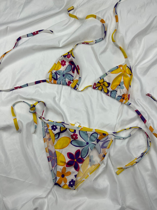 Yellow floral print ajustable bikini set (M)