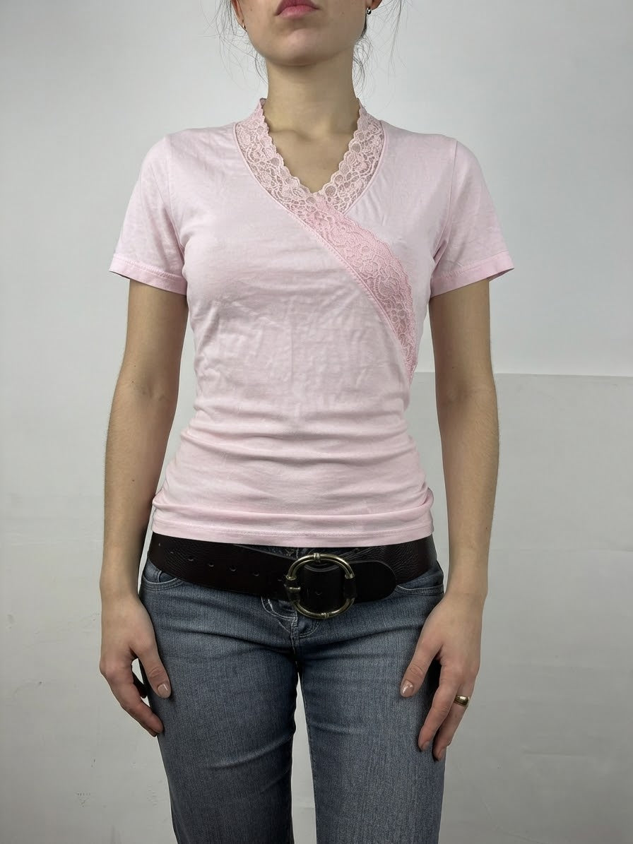 Pink lace trim cotton tee (M)