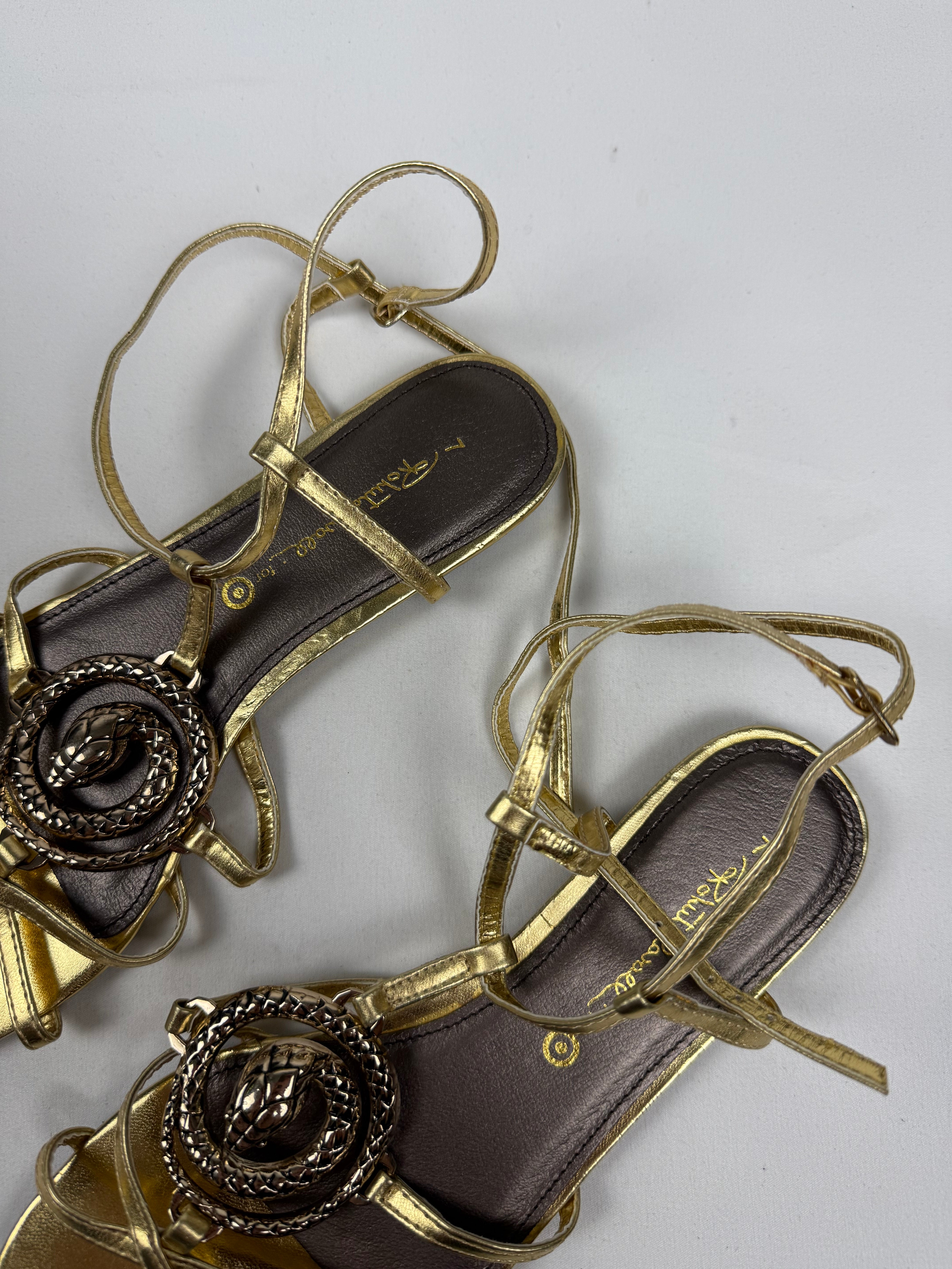 Gold snake buckle real leather shoes (38)