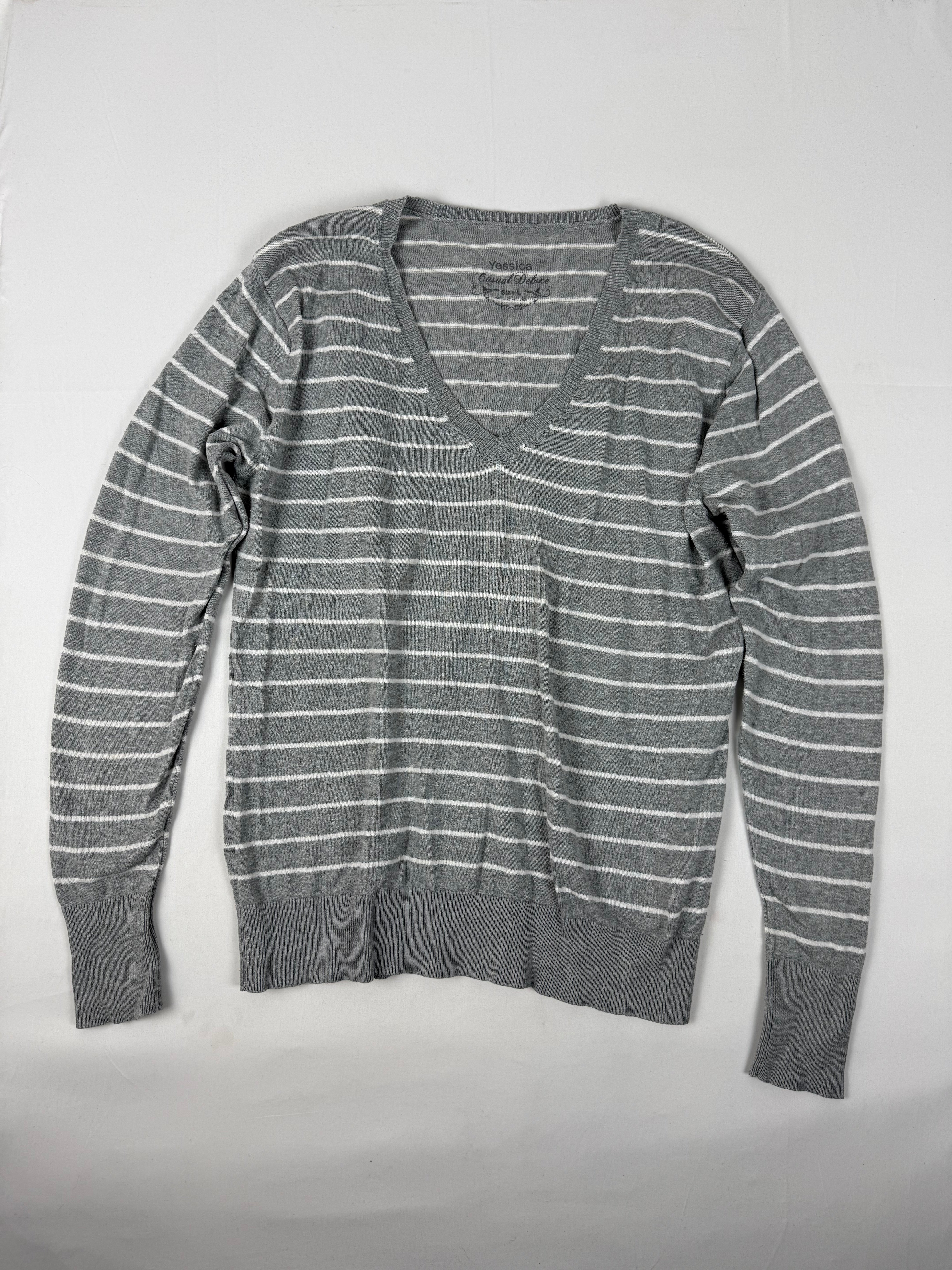 Grey striped V neck jumper (XL)