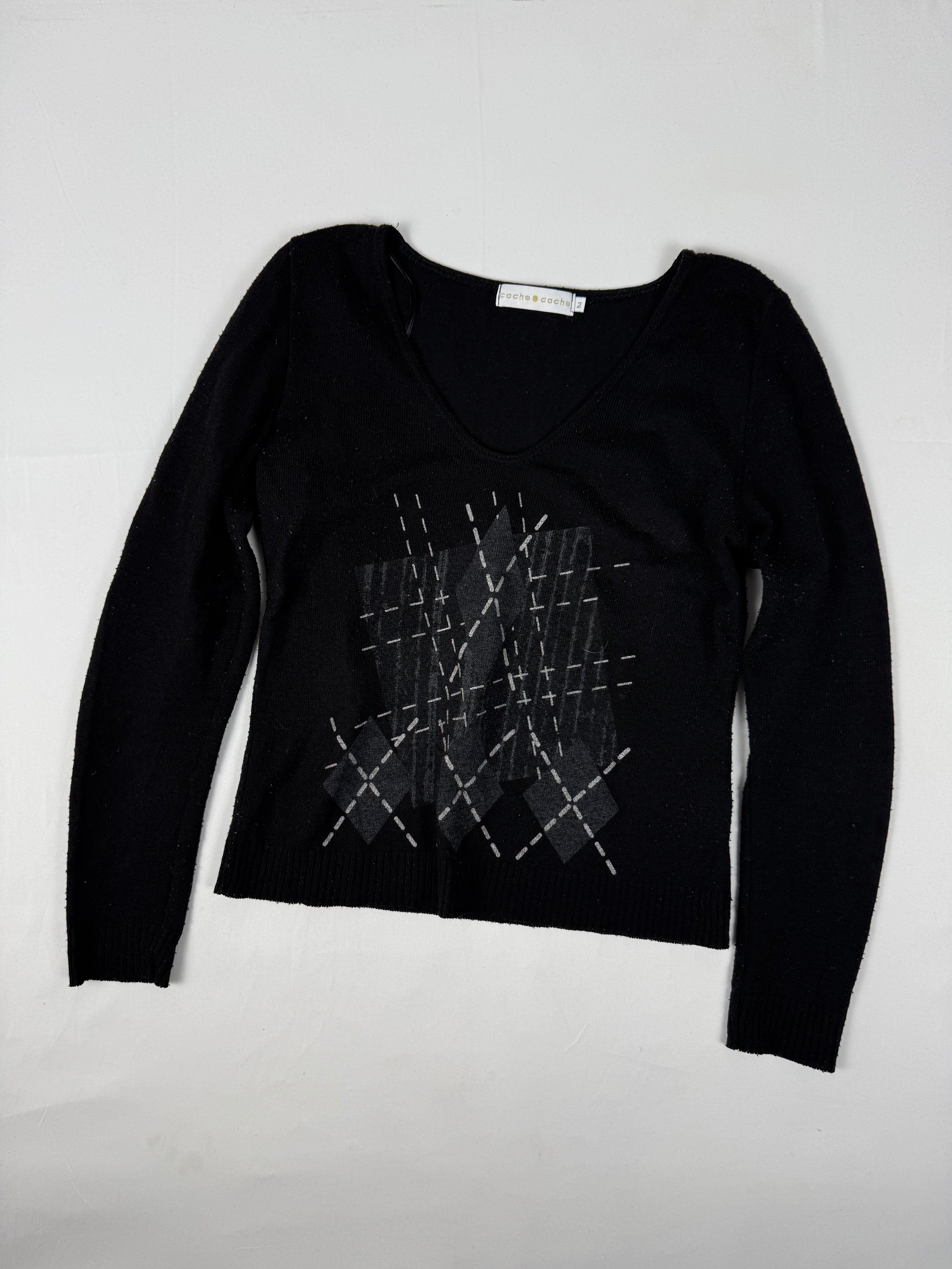 Black graphic V neck jumper (M)