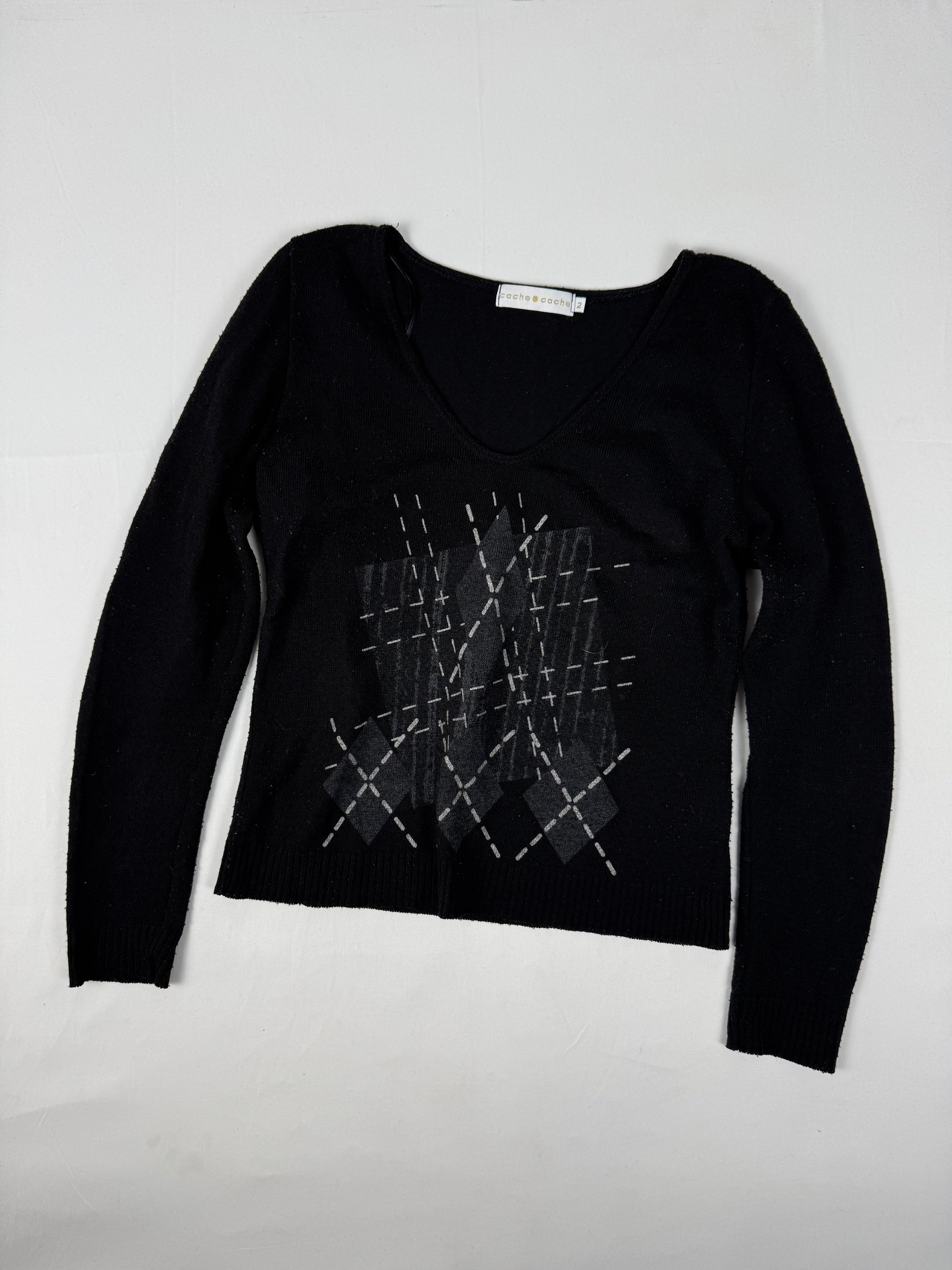 Black graphic V neck jumper (M)