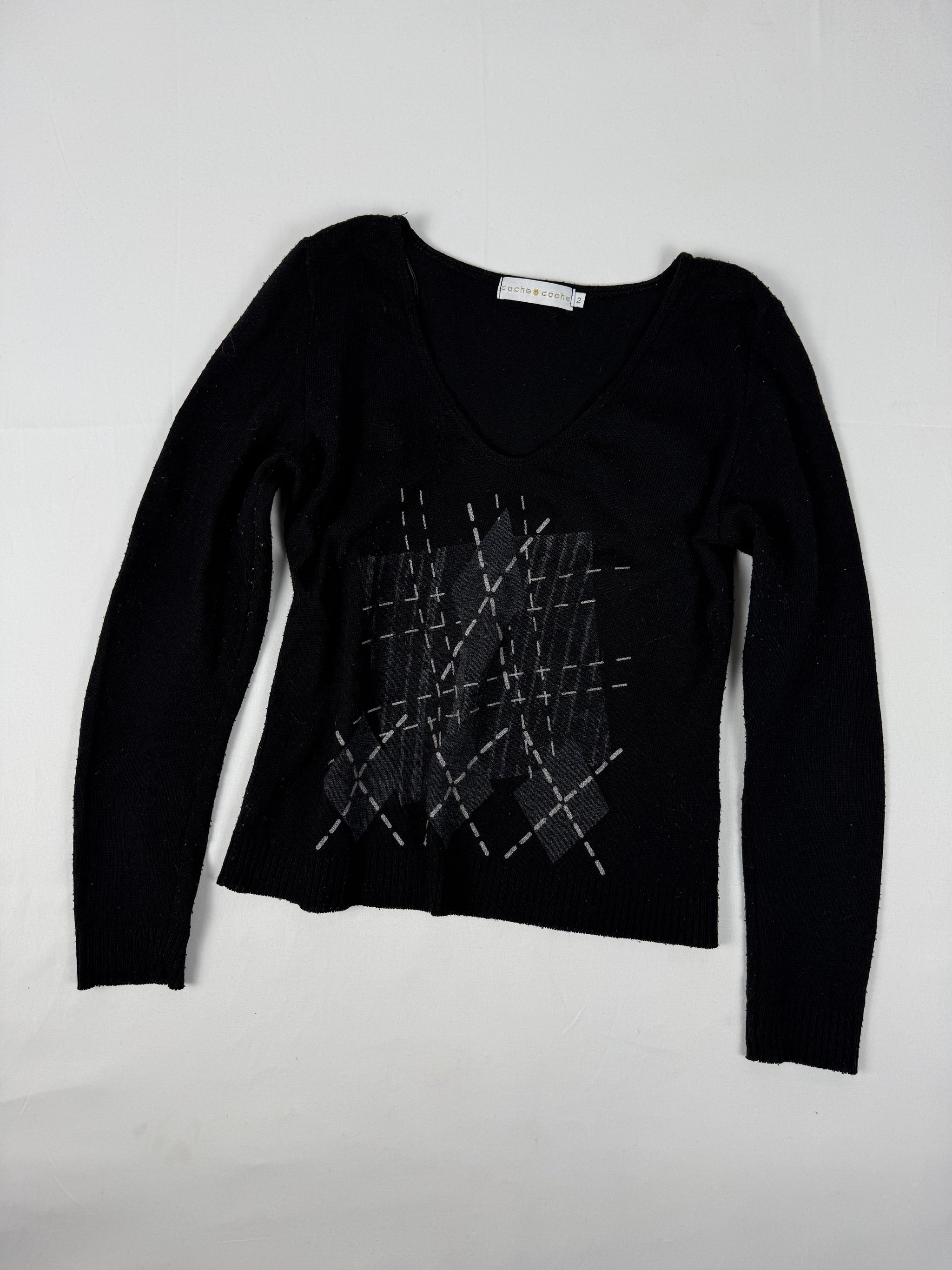 Black graphic V neck jumper (M)