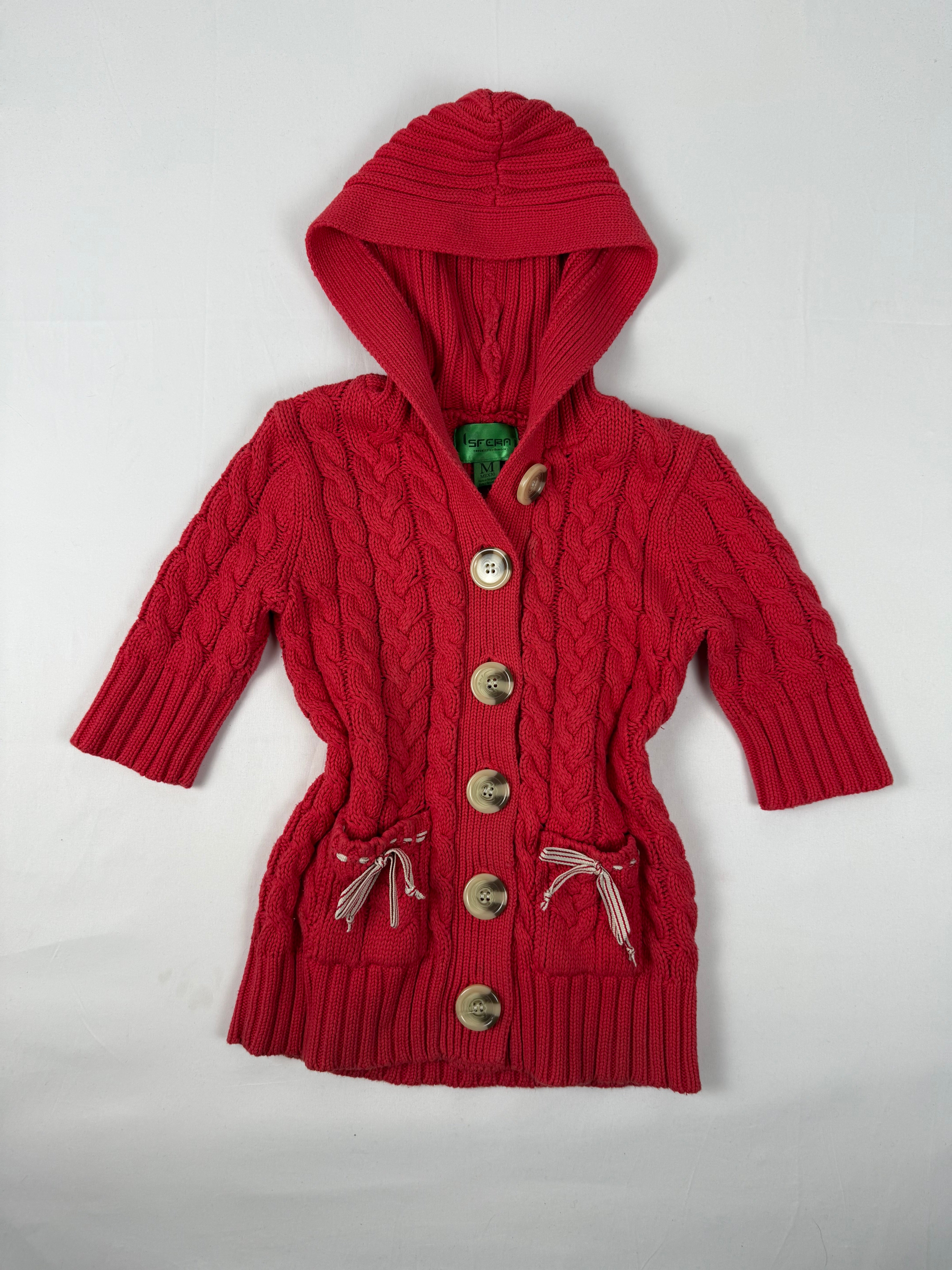 Red buttons up hooded short sleeves jumper (S)