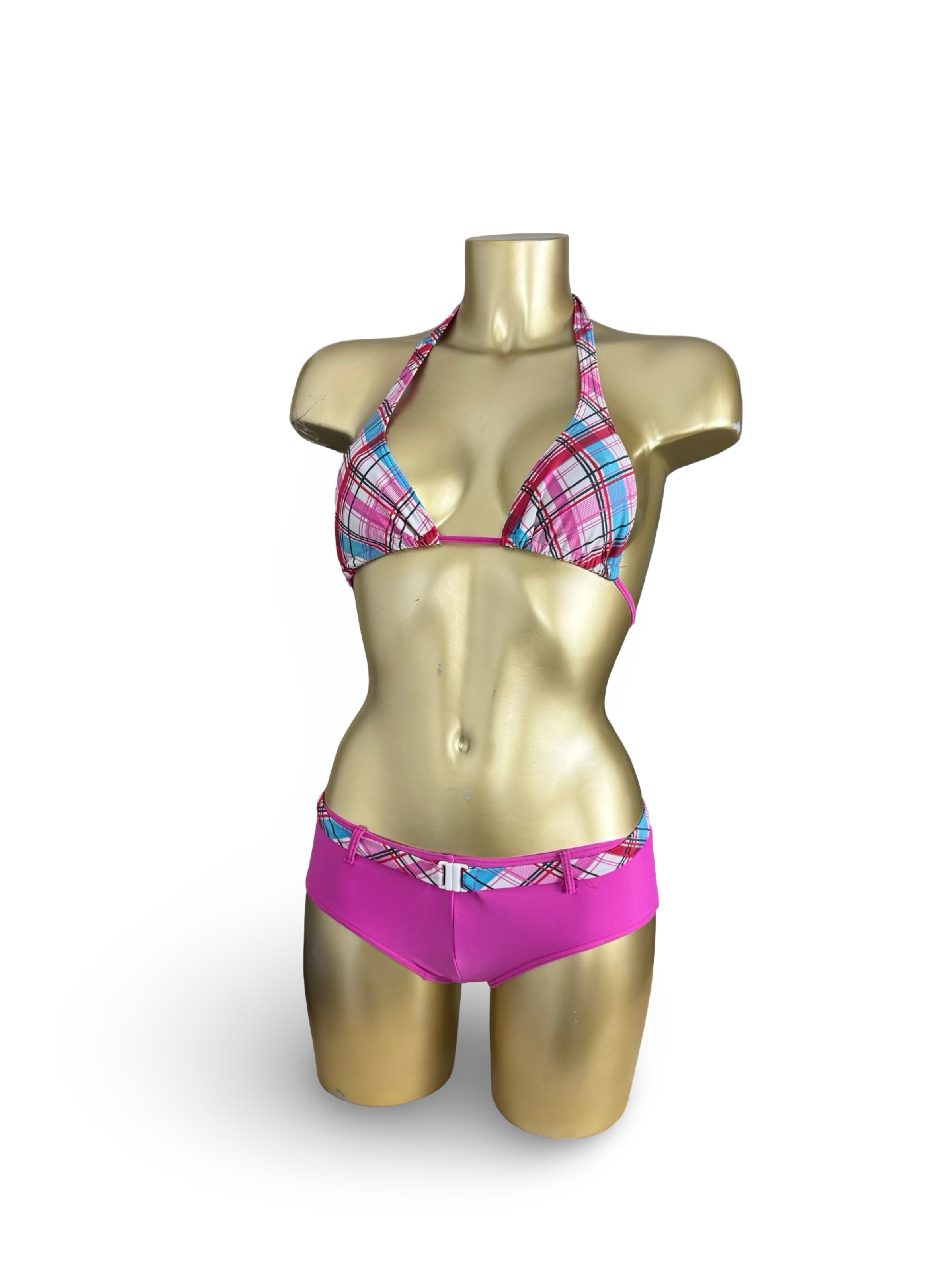 Pink check print shorty bikini set (XS)