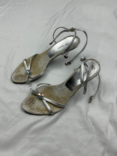 Silver real leather kitten heels sandals shoes (37)