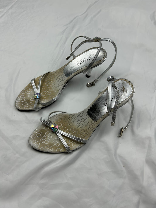 Silver real leather kitten heels sandals shoes (37)