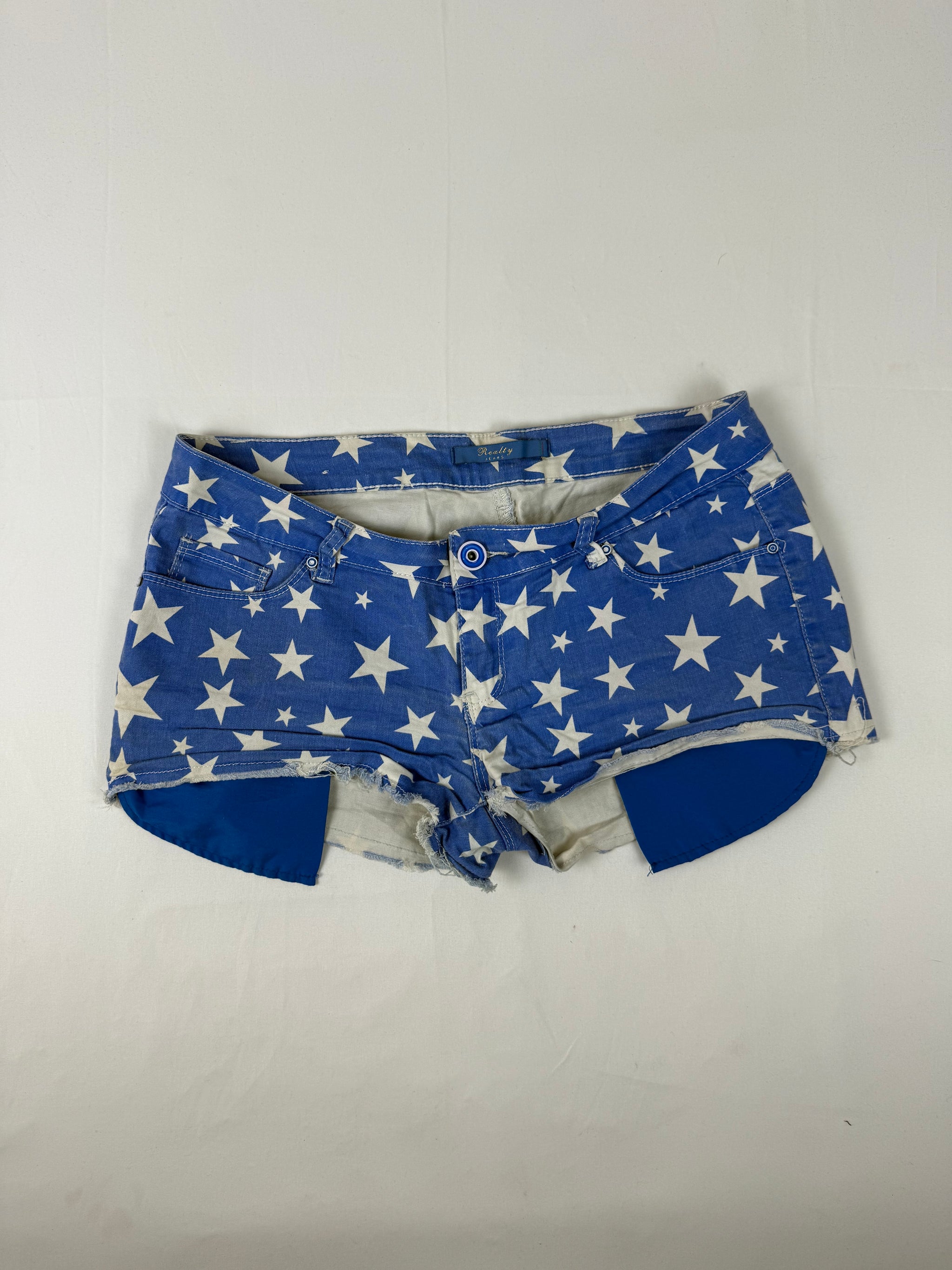 Blue stars print low rise denim mini short (M)