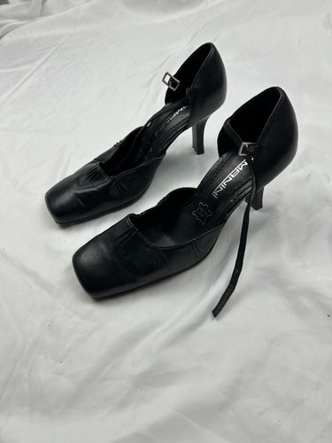 Black leather square toes kitten heels shoes (36)