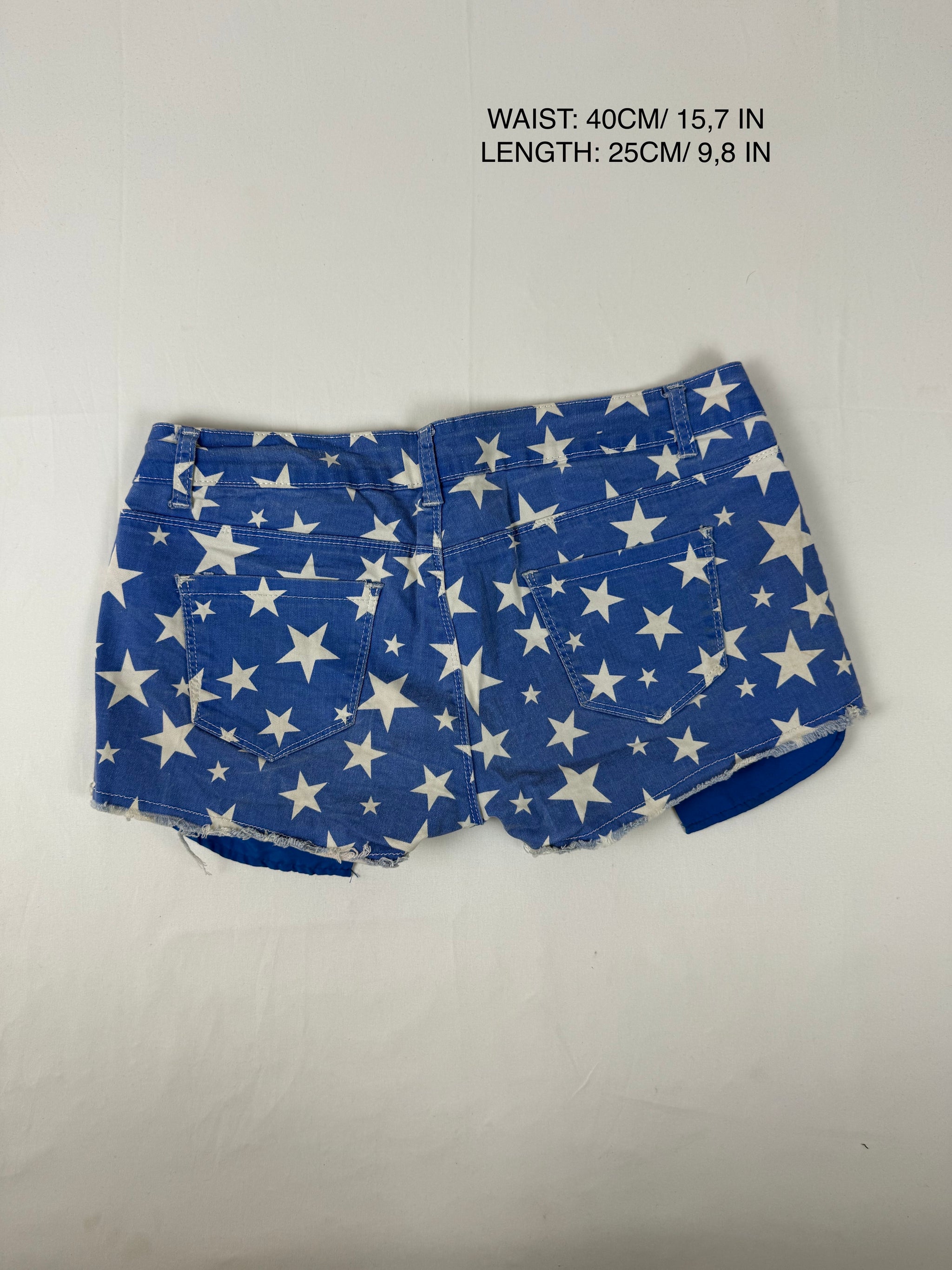 Blue stars print low rise denim mini short (M)