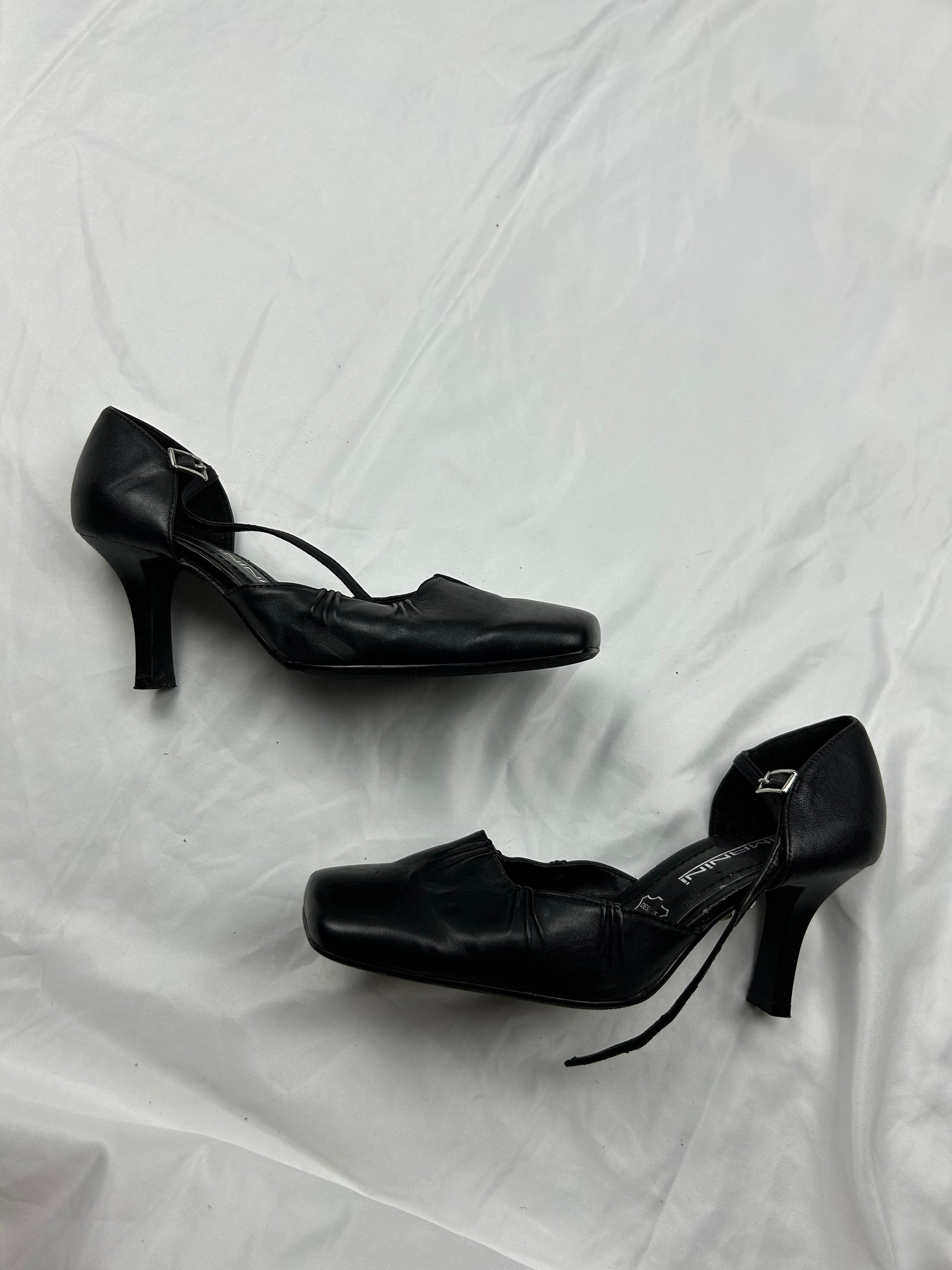 Black leather square toes kitten heels shoes (36)