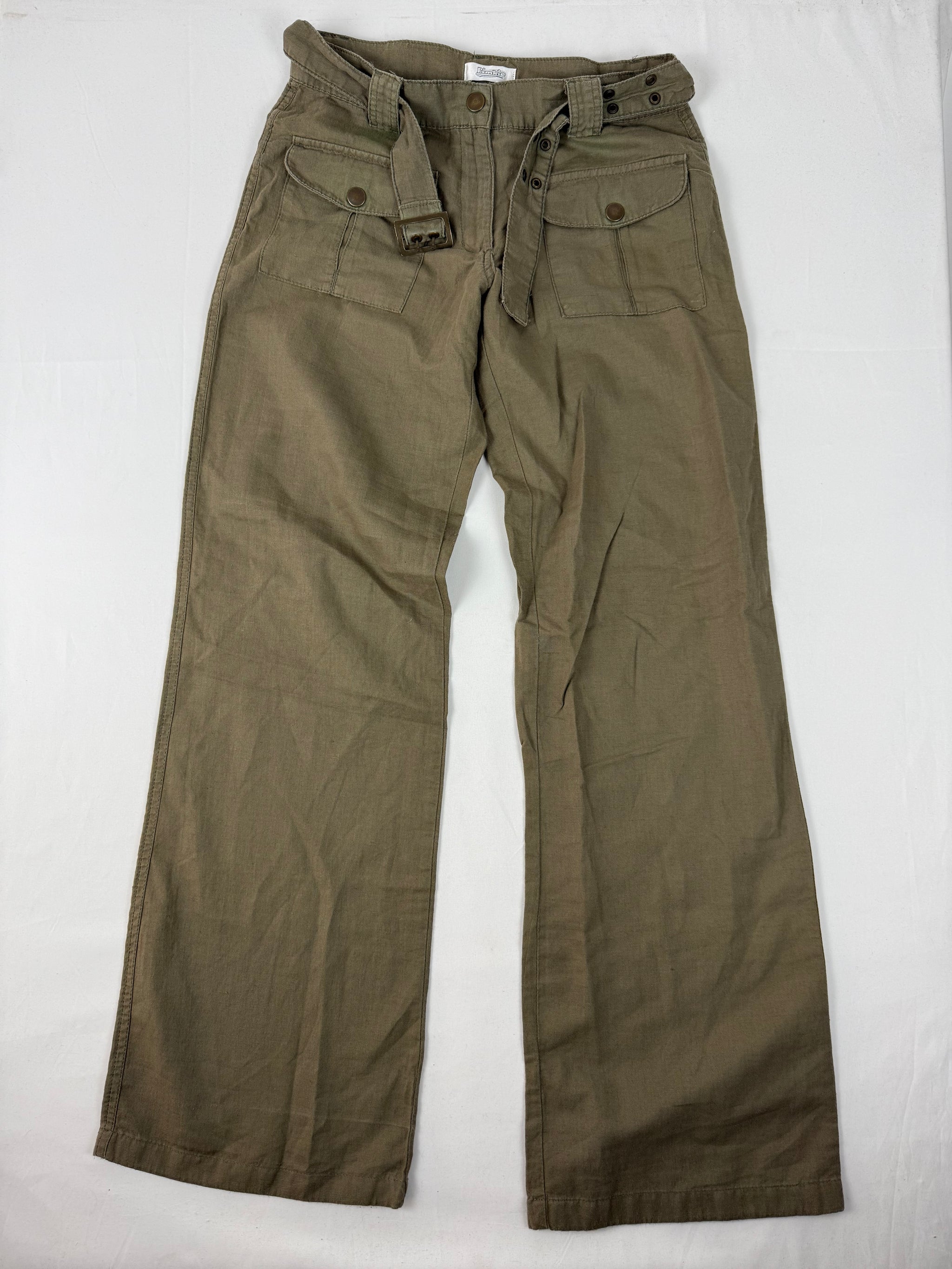 Khaki linen baggy pants with belt (S)