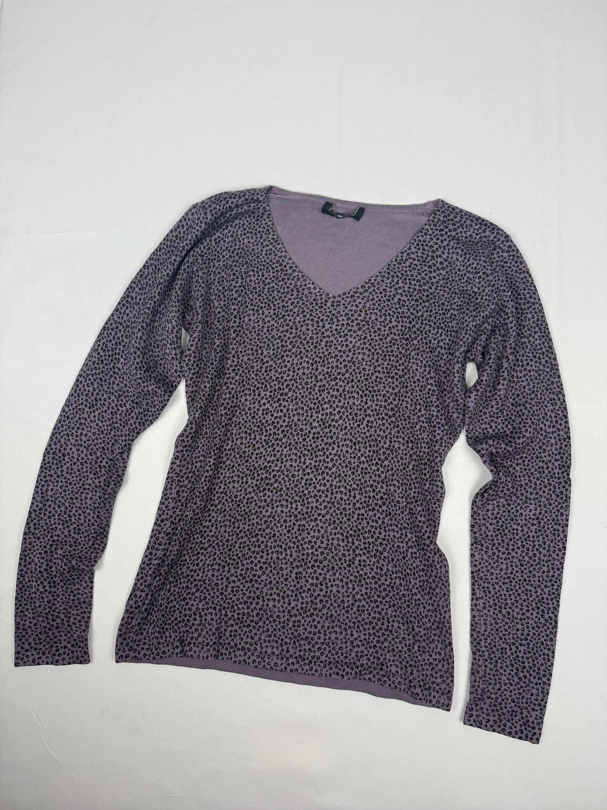 Purple panther print cotton V neck jumper (S/M)
