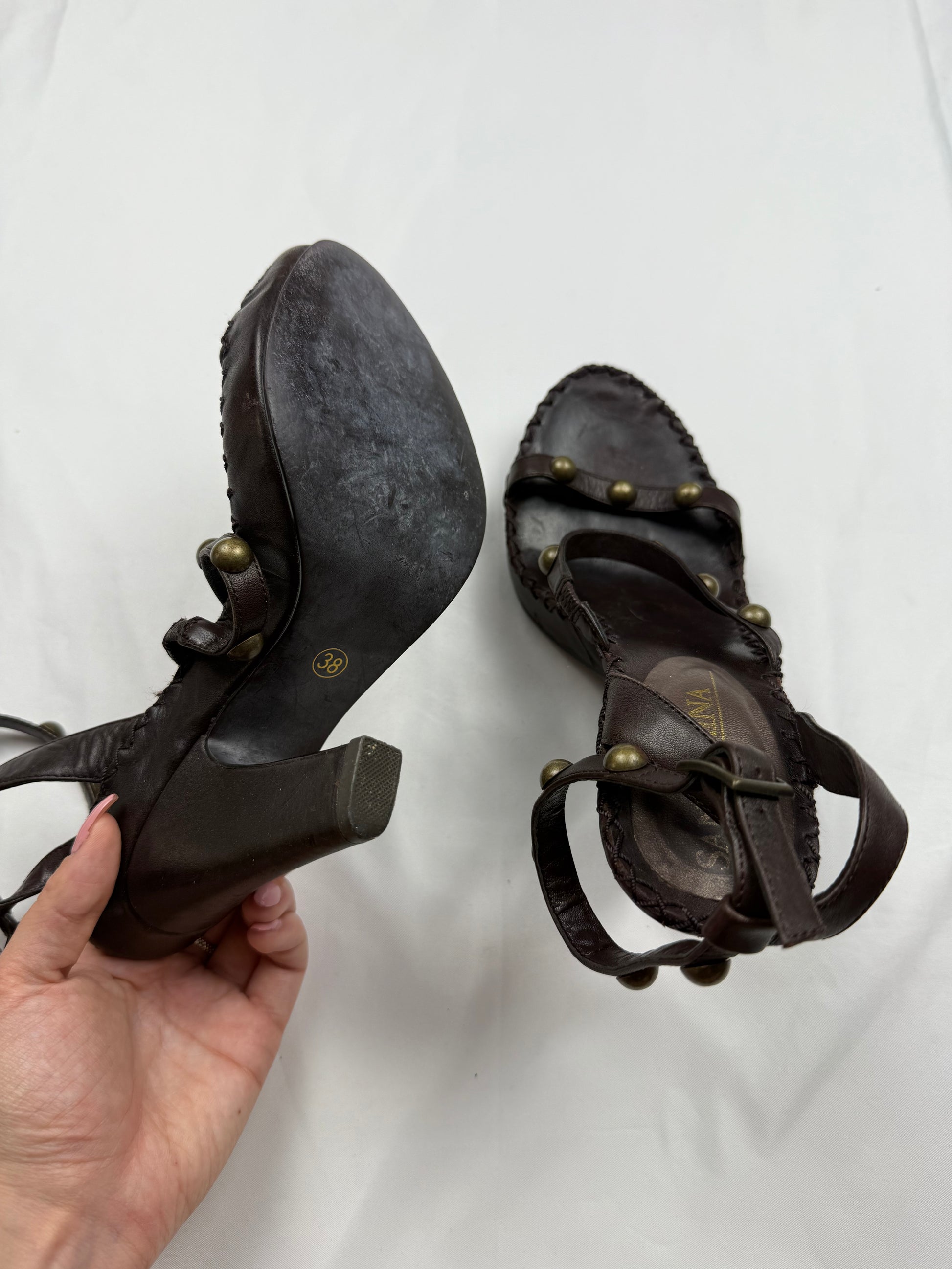 Brown real leather heels sandals (38)