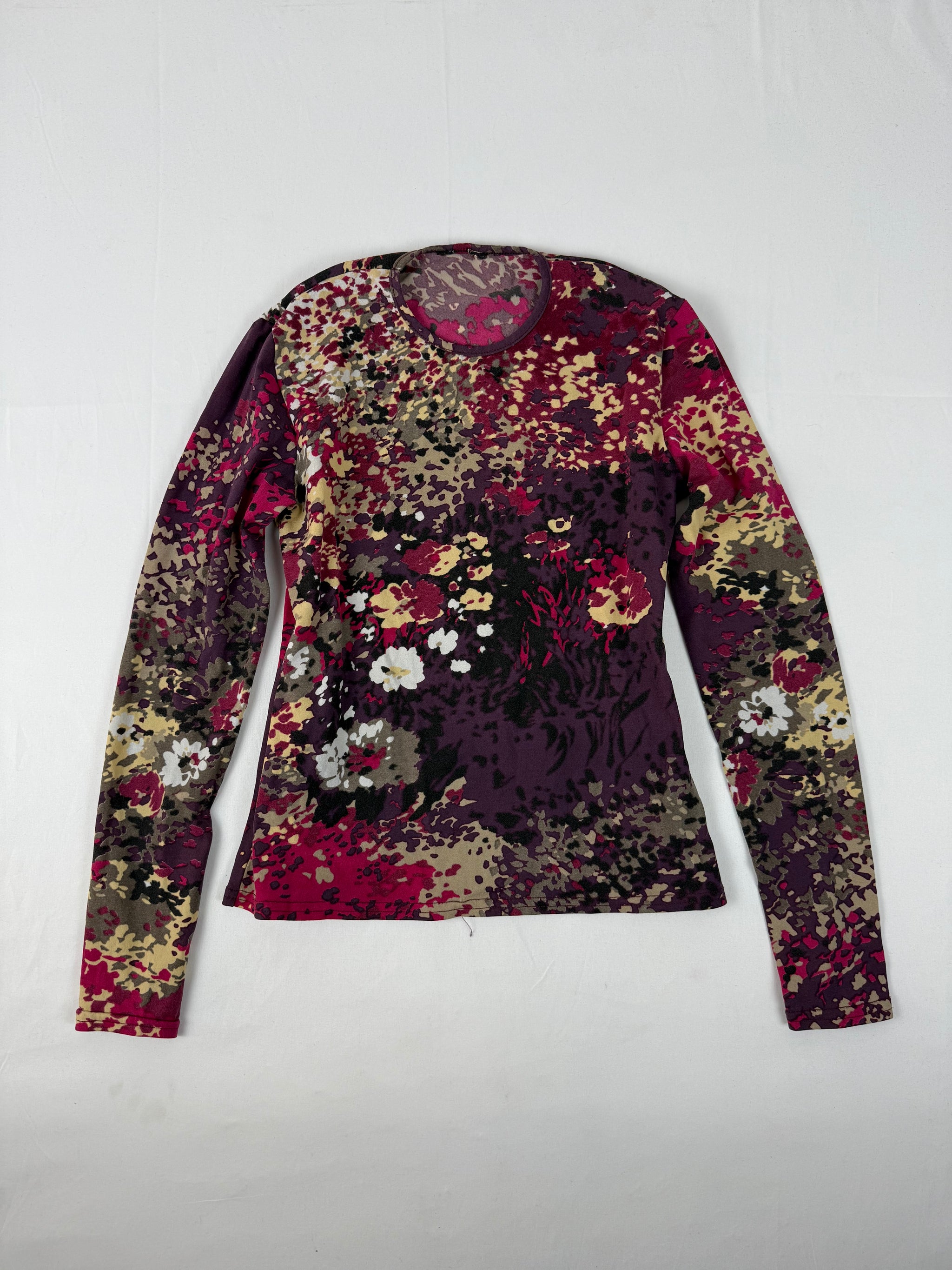 Burgundy floral tight fit long sleeves top (S)