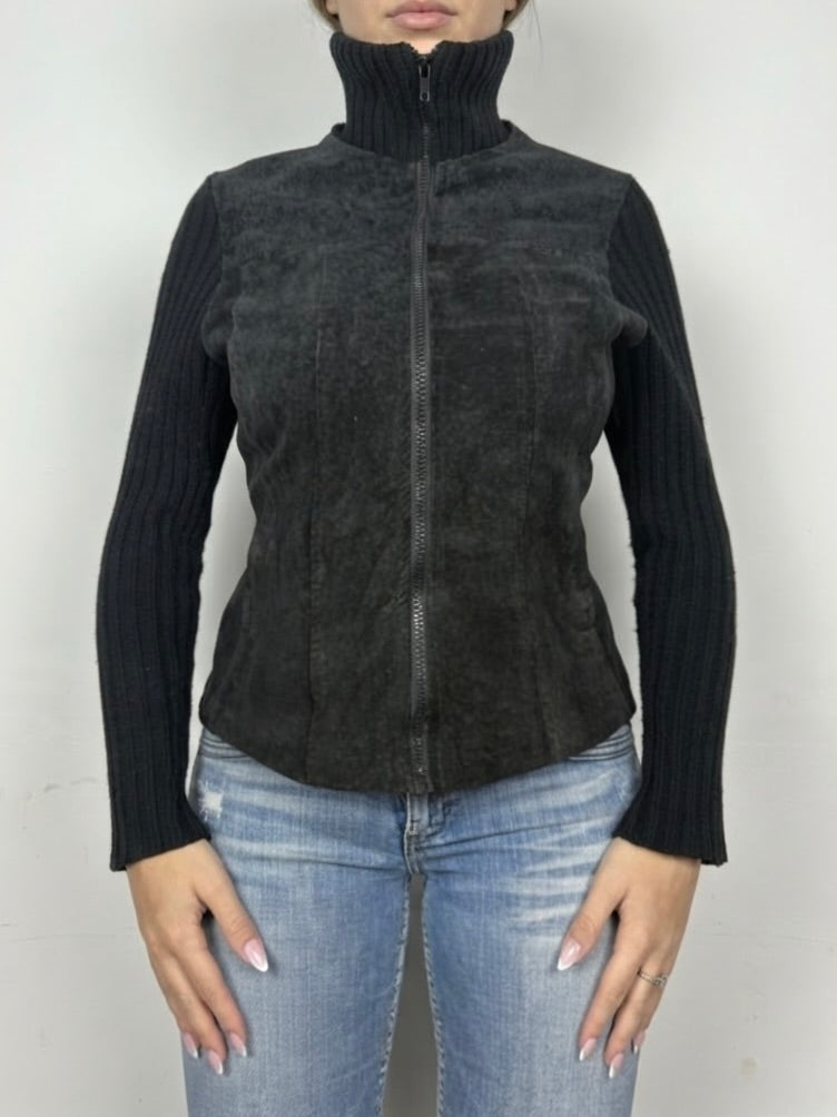 Black bi fabric 100% real suede leather knitted jacket (M)