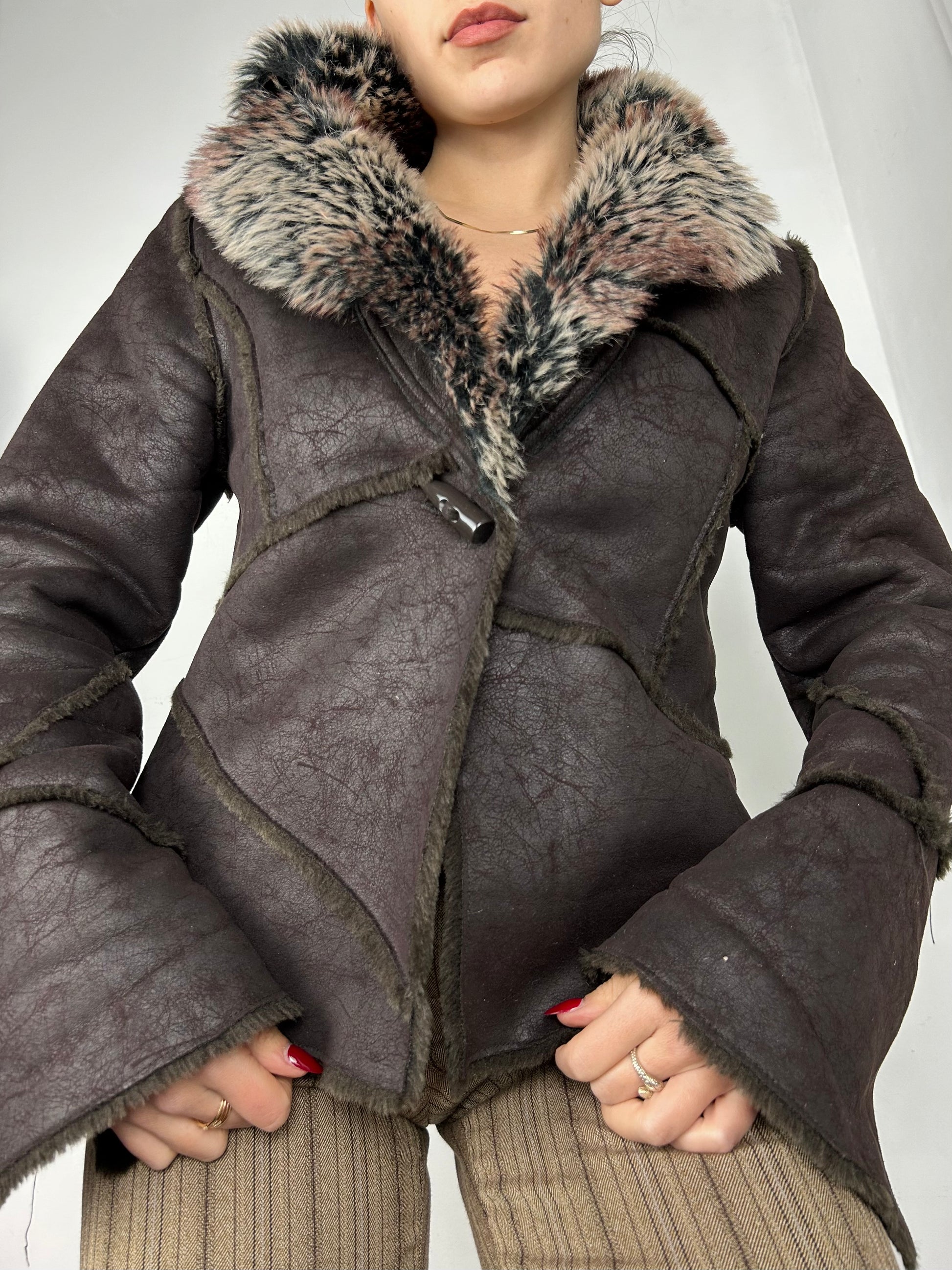 Brown suede leather biker faux fur  jacket (M)