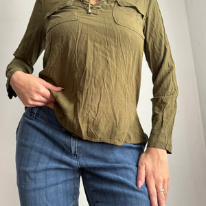 Khaki lace up long sleeves shirt (S/M)