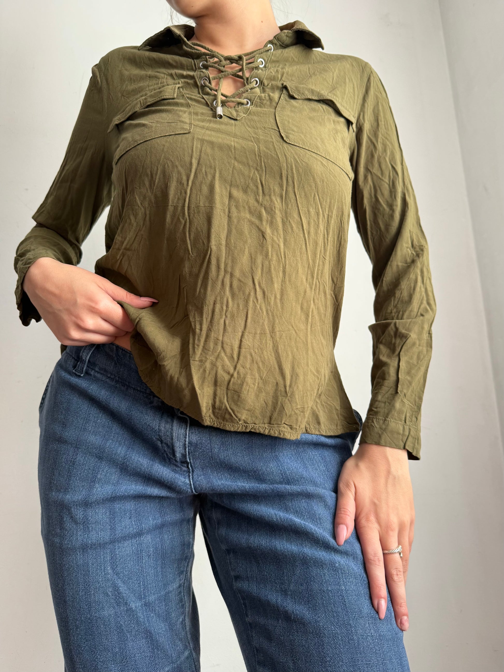 Khaki lace up long sleeves shirt (S/M)