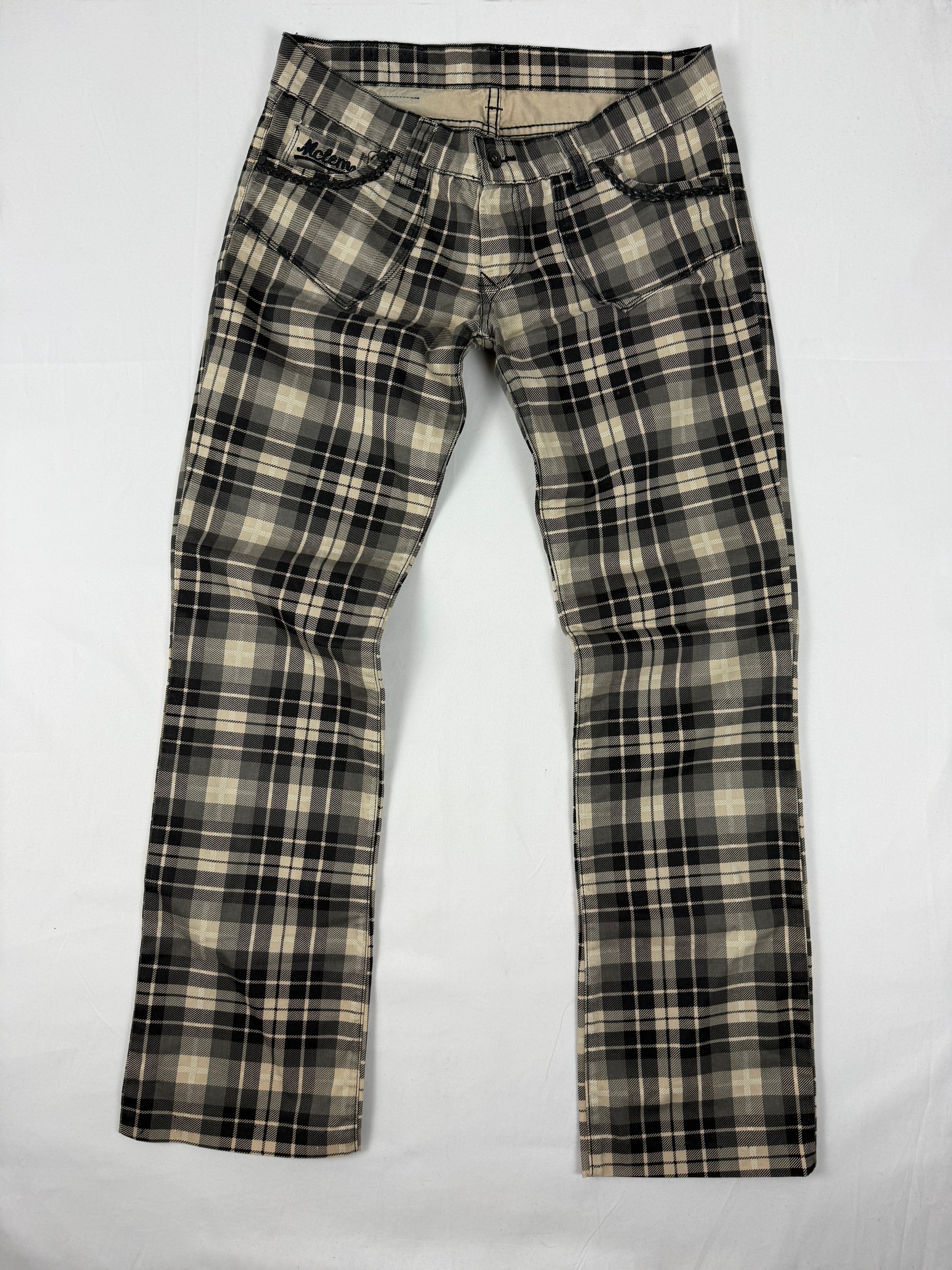 Black check print low waist straight legs denim pants (L)