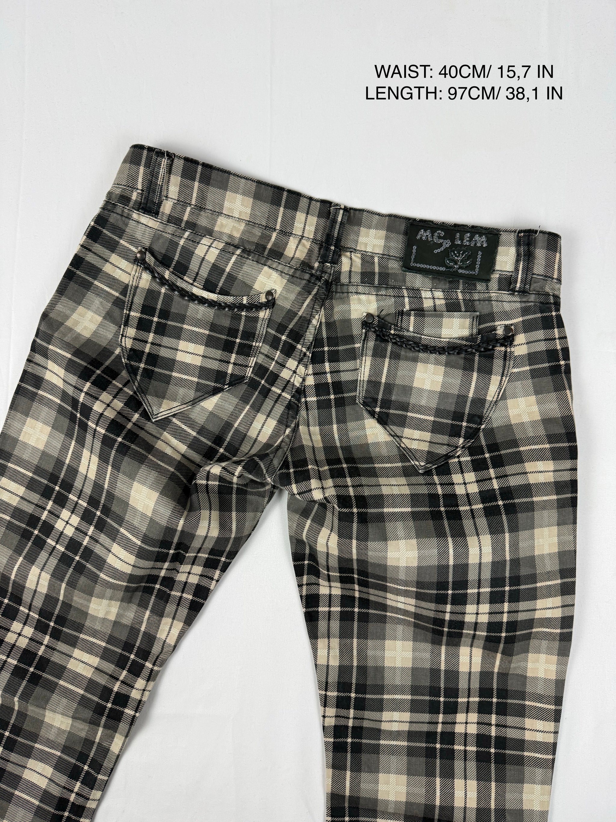 Black check print low waist straight legs denim pants (L)