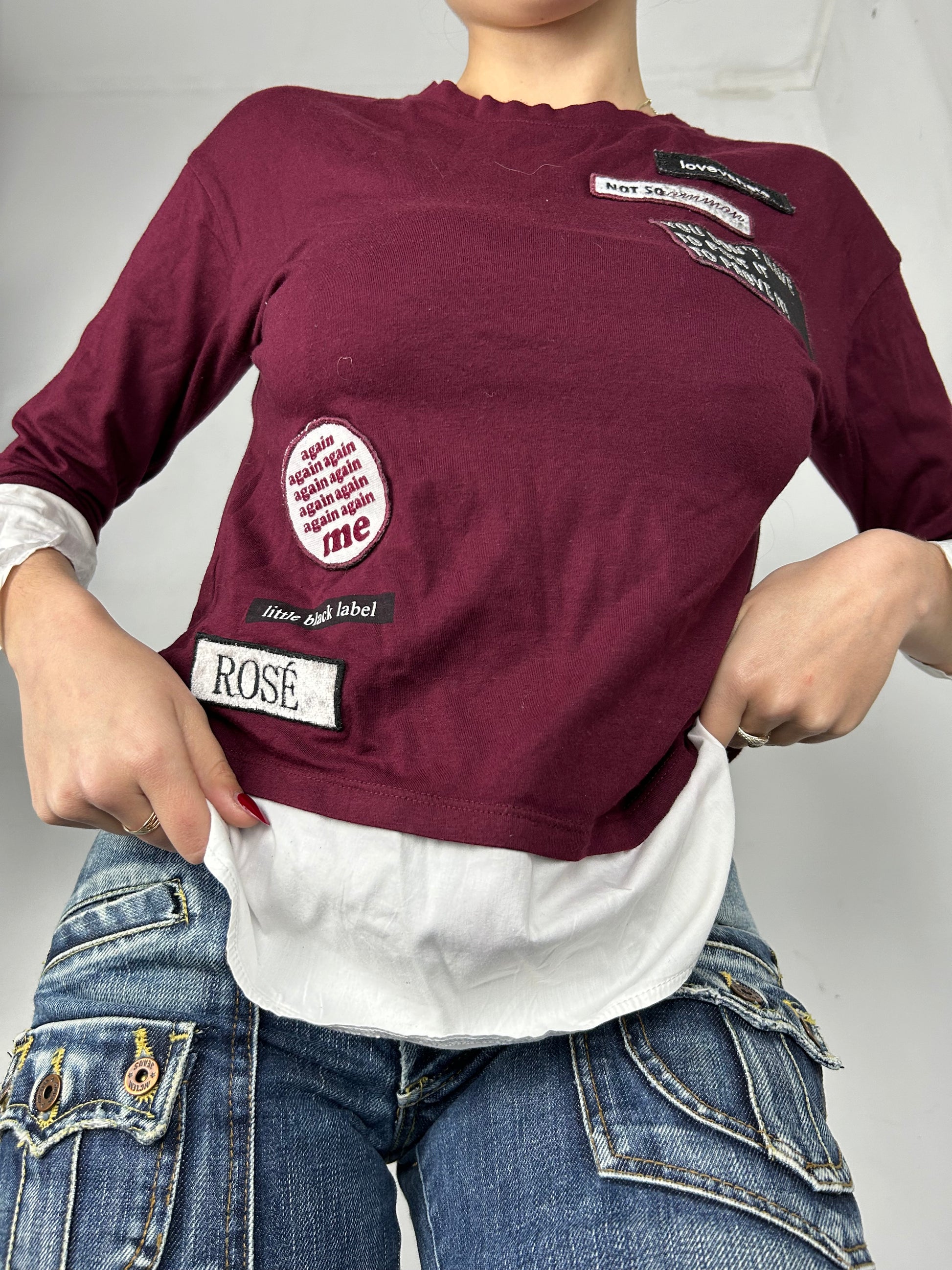 Burgundy 2 in 1 text long sleeves shirt (M)