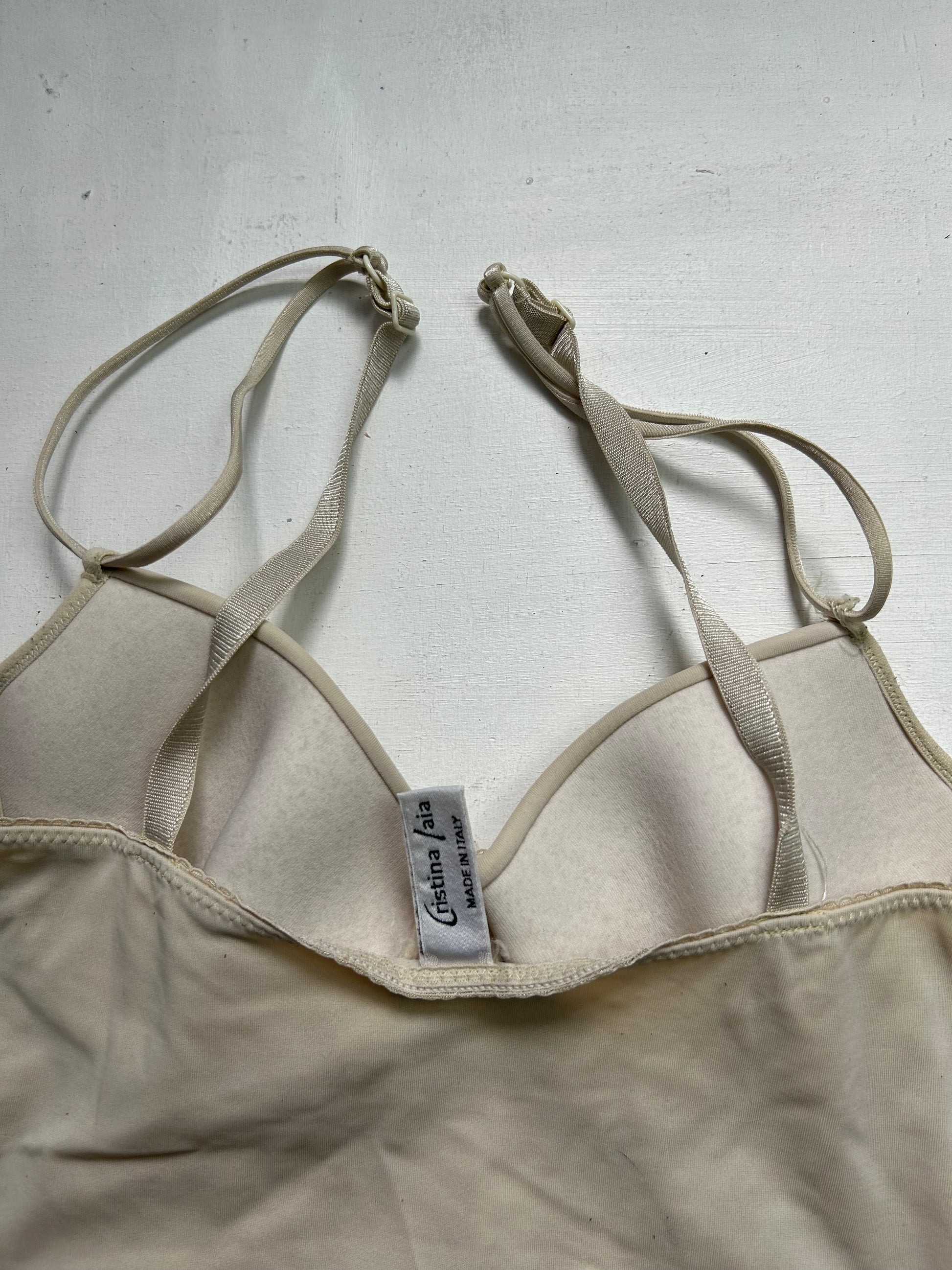 Beige lace embroidered padded crop top lingerie bra (S)