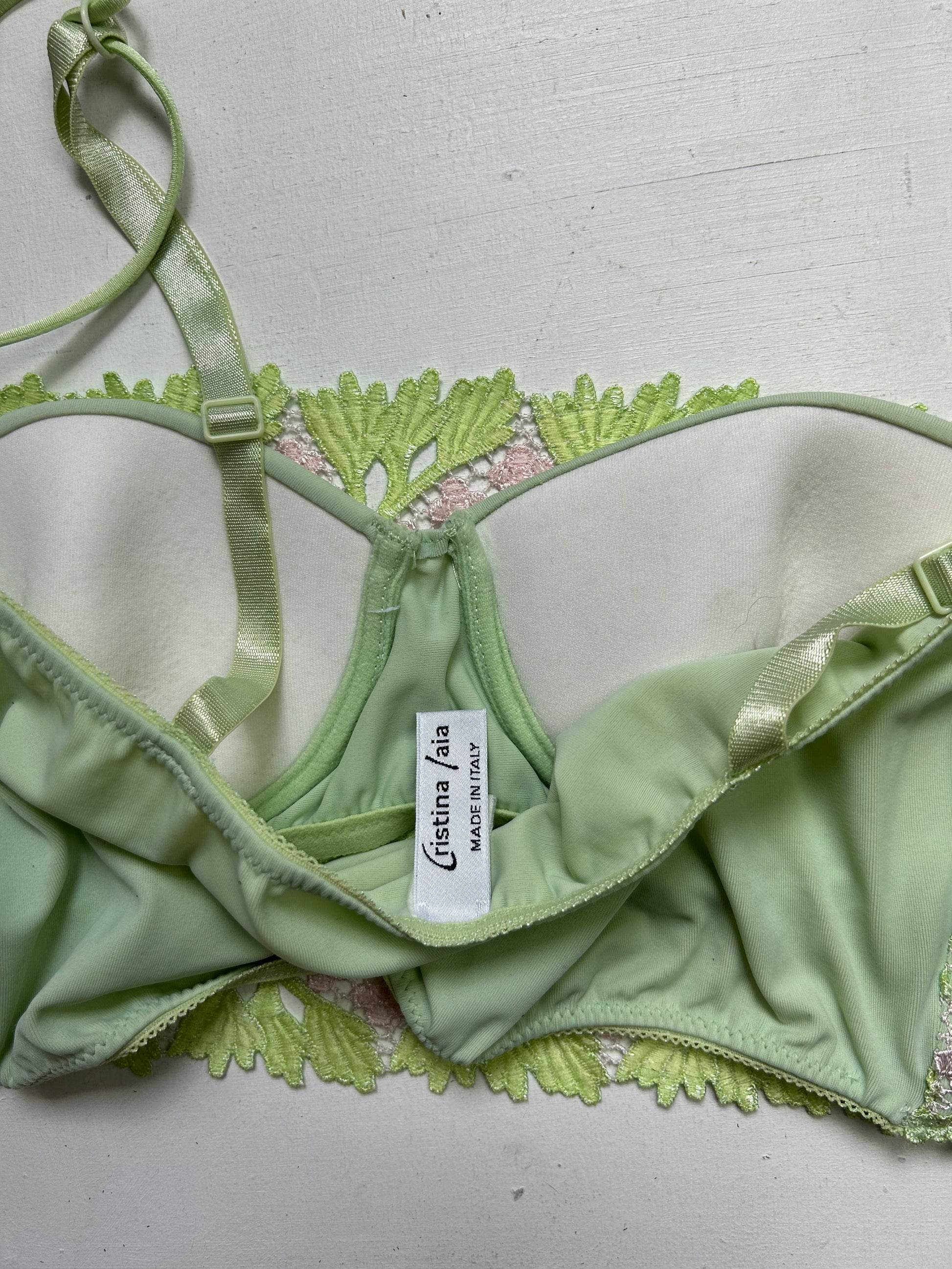 Green lace embroidered padded crop top lingerie bra (S)