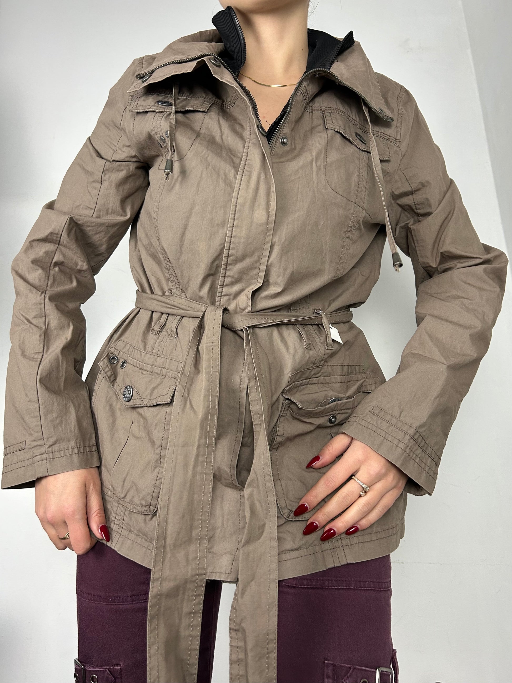 Brown cotton zip up trench jacket (L)