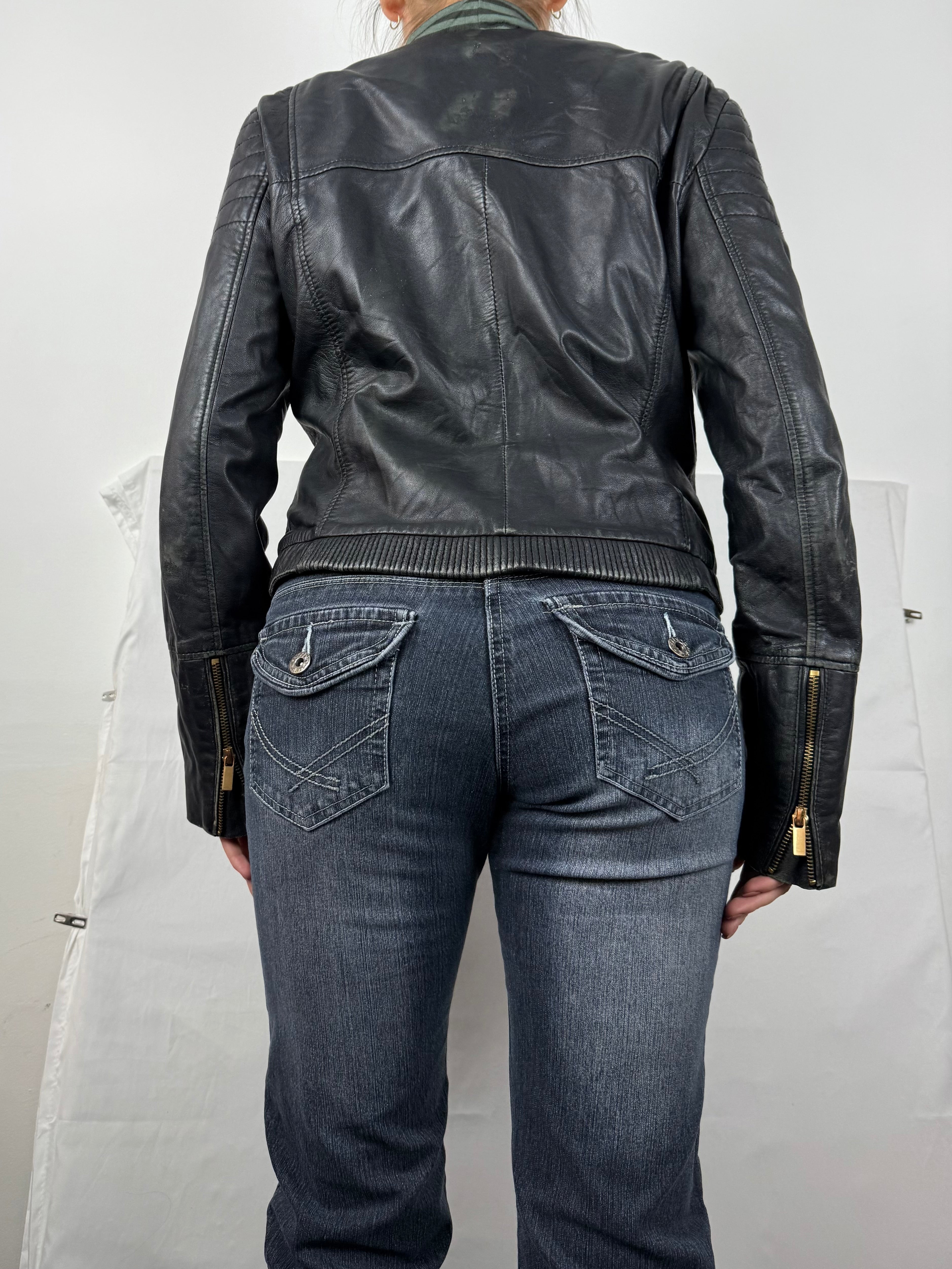 Black real leather zip up biker jacket (L)