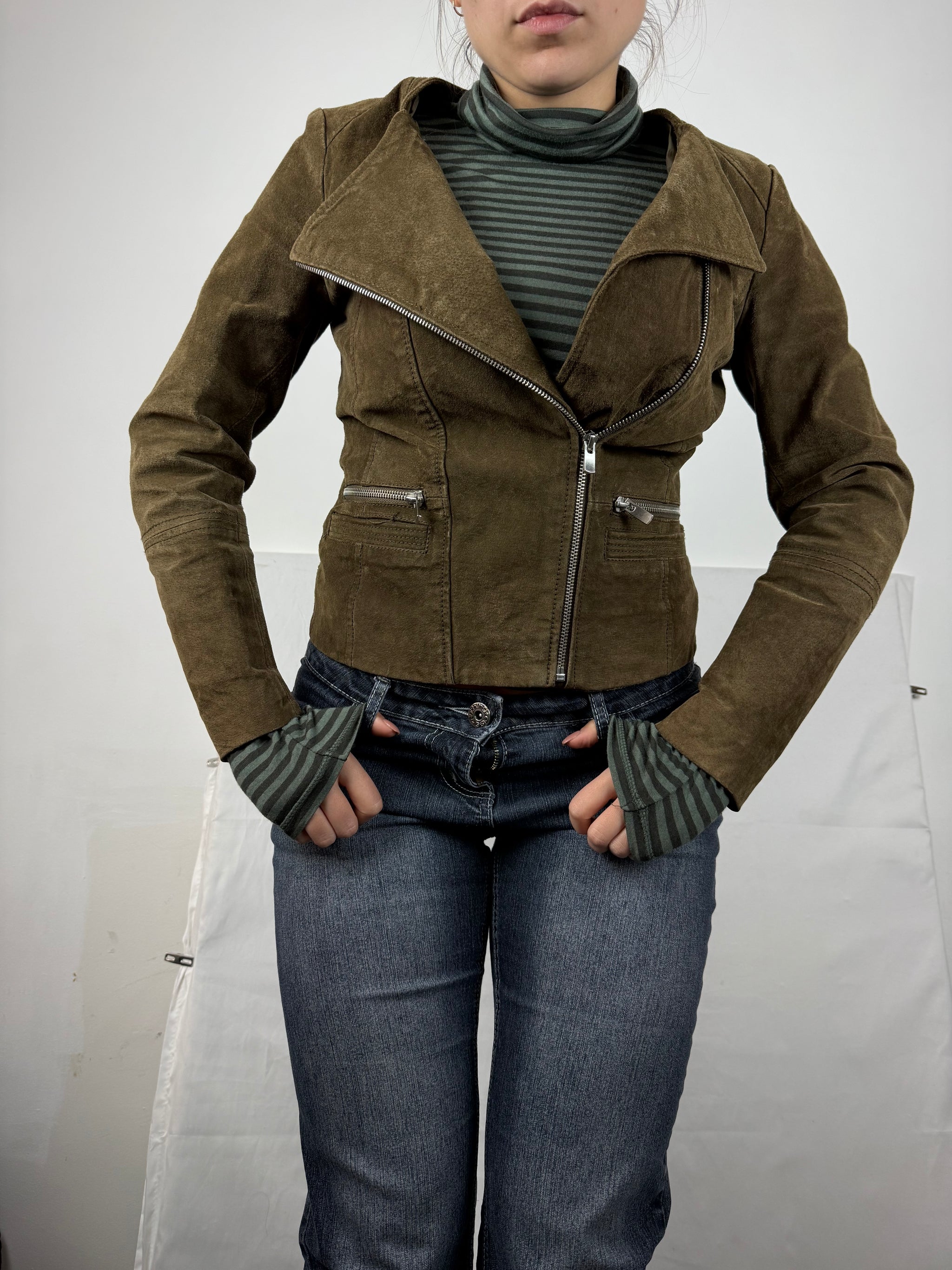 Khaki tight fit suede real leather zip up biker jacket (XS)