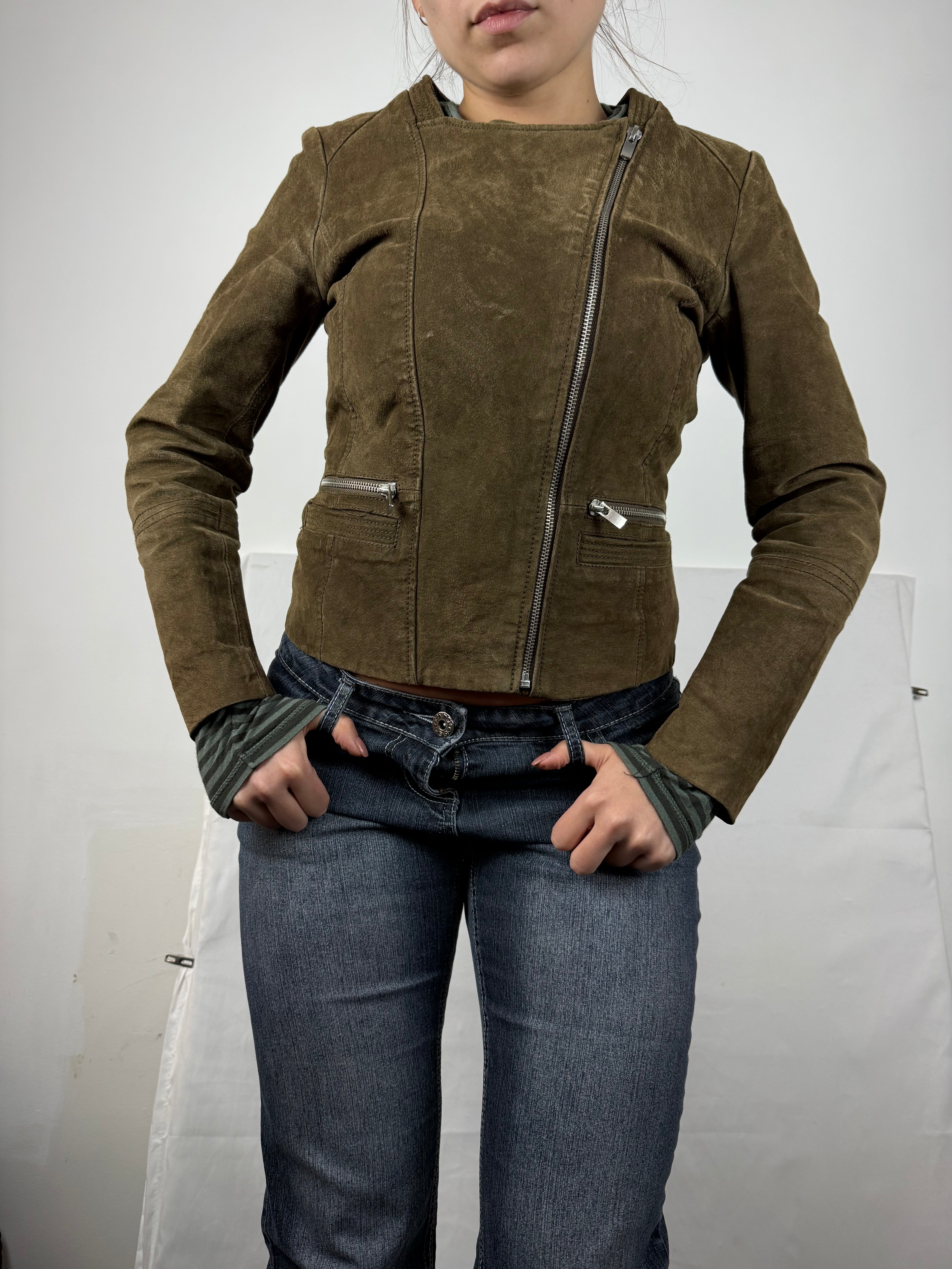 Khaki tight fit suede real leather zip up biker jacket (XS)