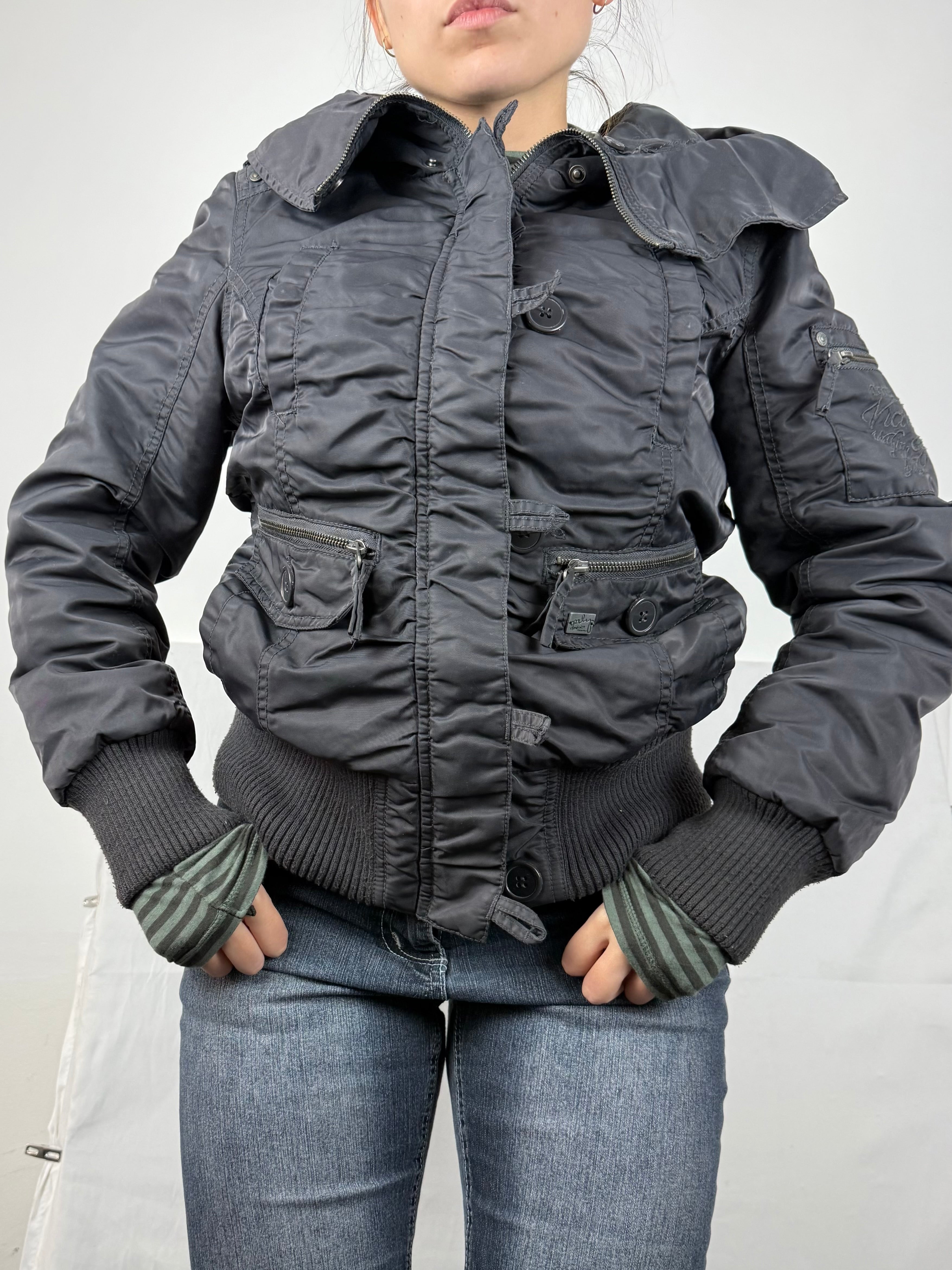 Grey puffer hooded biker jacket (M)