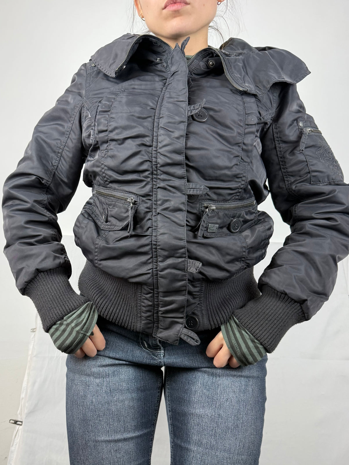 Grey puffer hooded biker jacket (M)