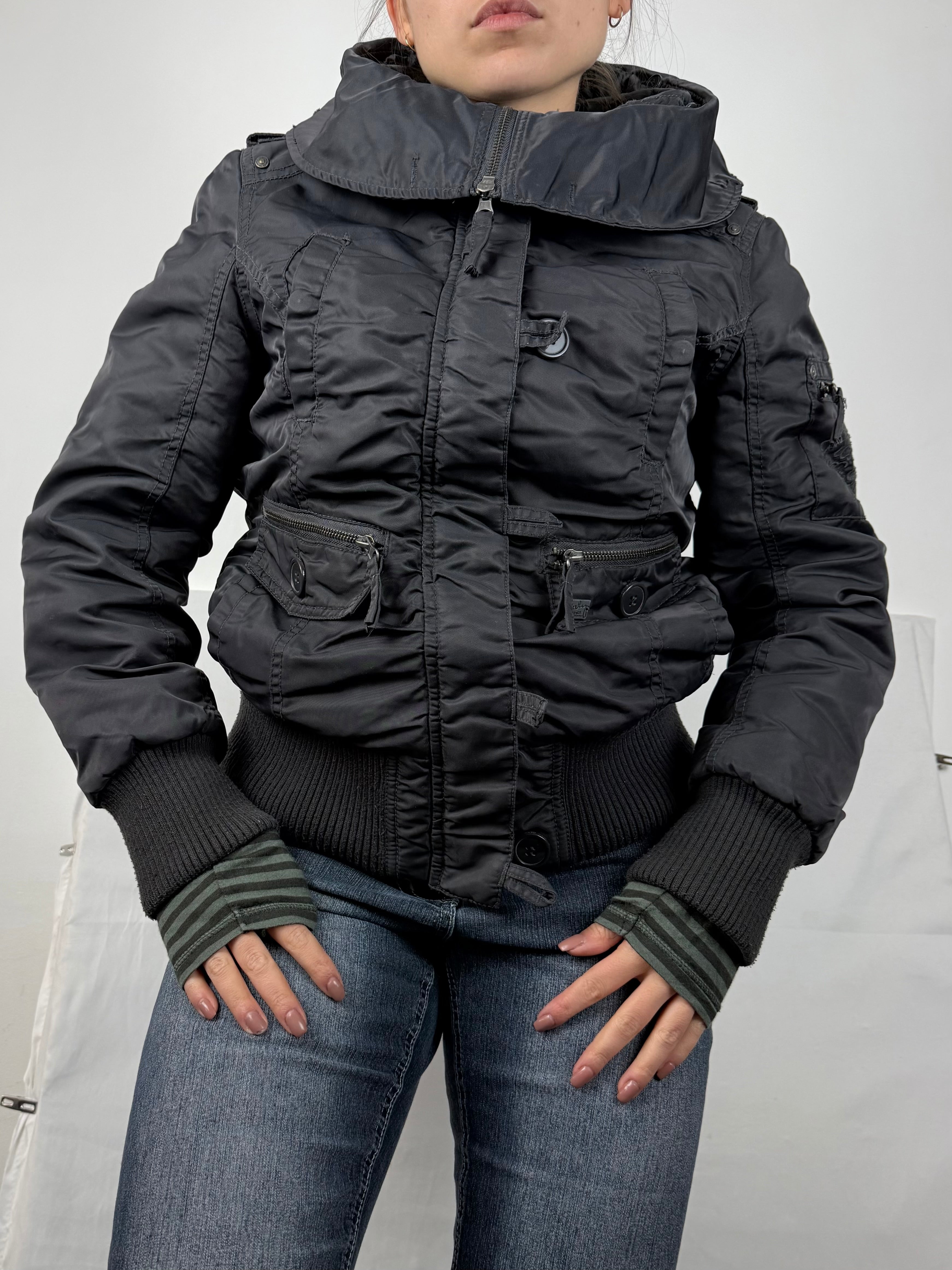 Grey puffer hooded biker jacket (M)