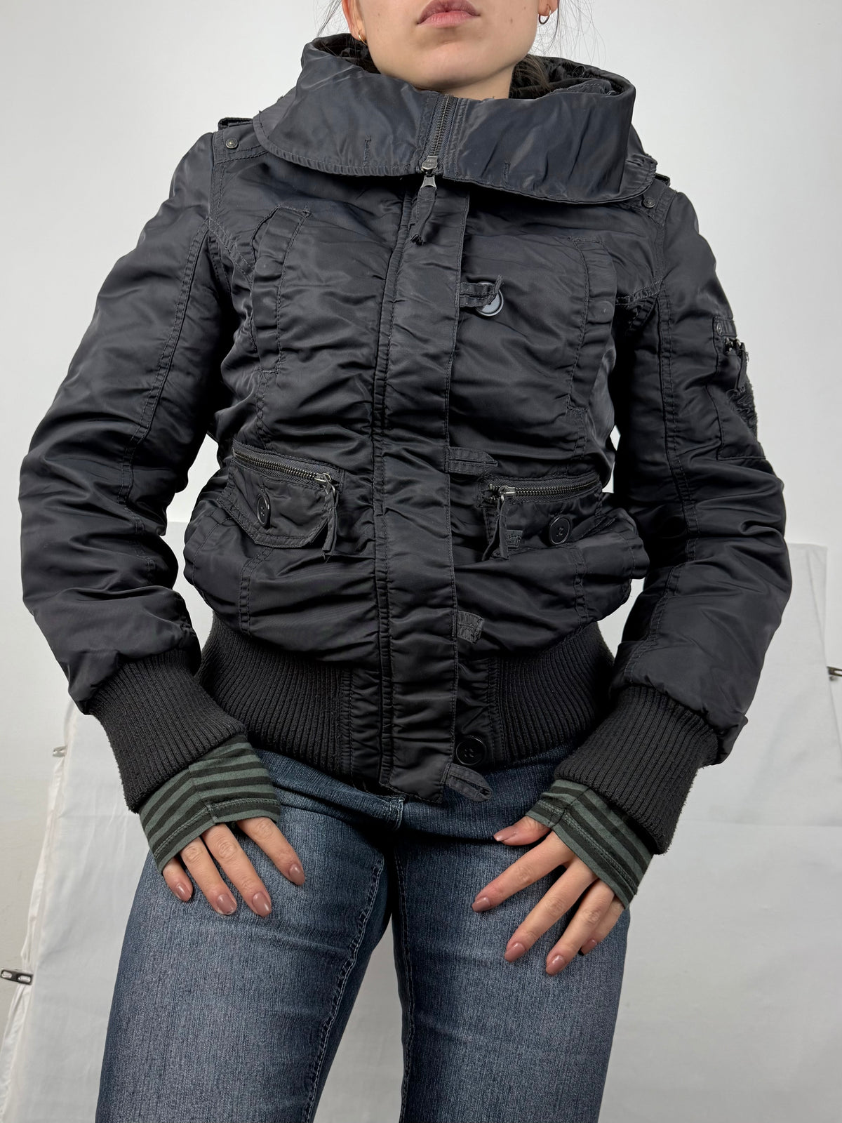Grey puffer hooded biker jacket (M)
