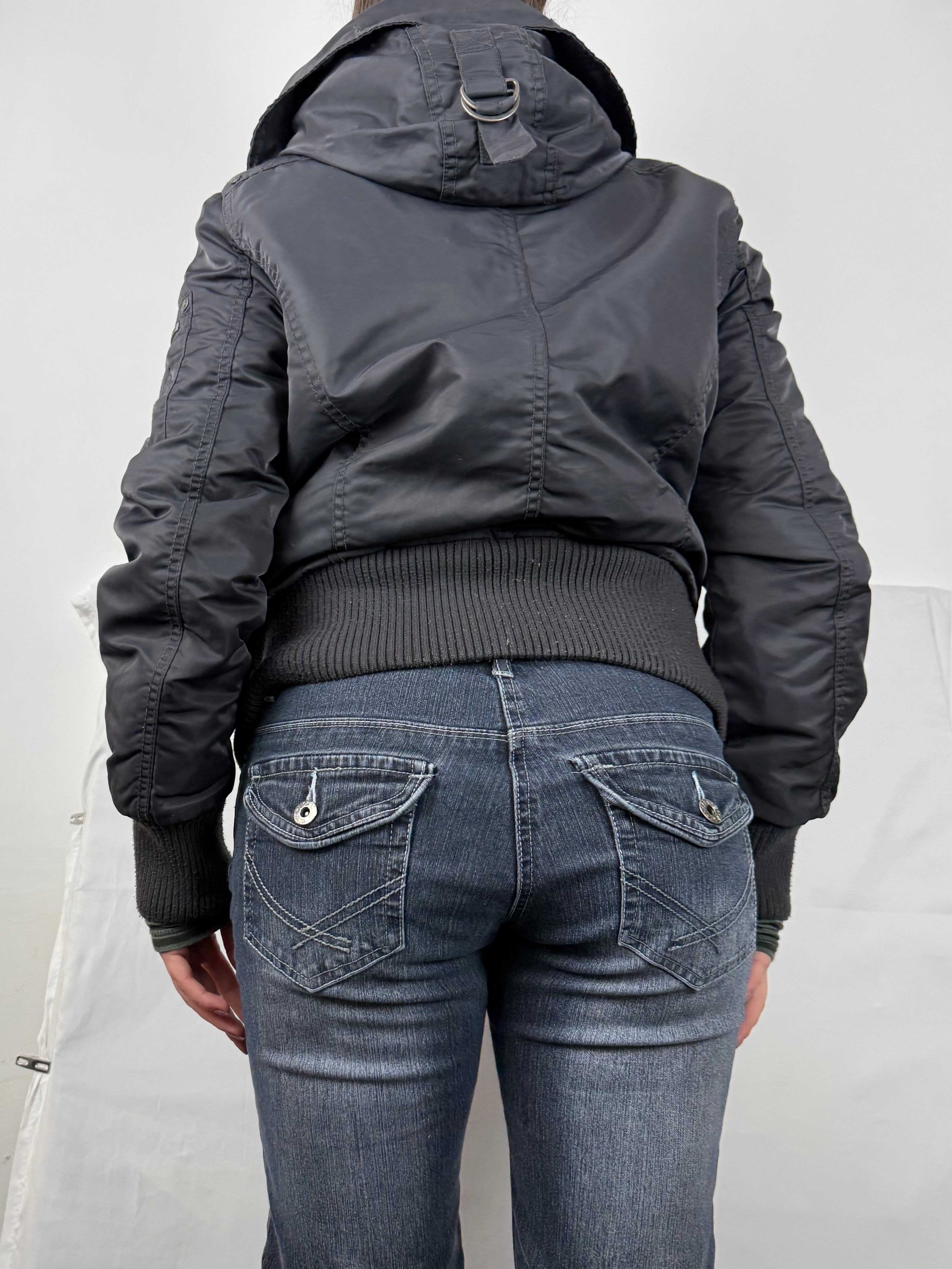 Grey puffer hooded biker jacket (M)