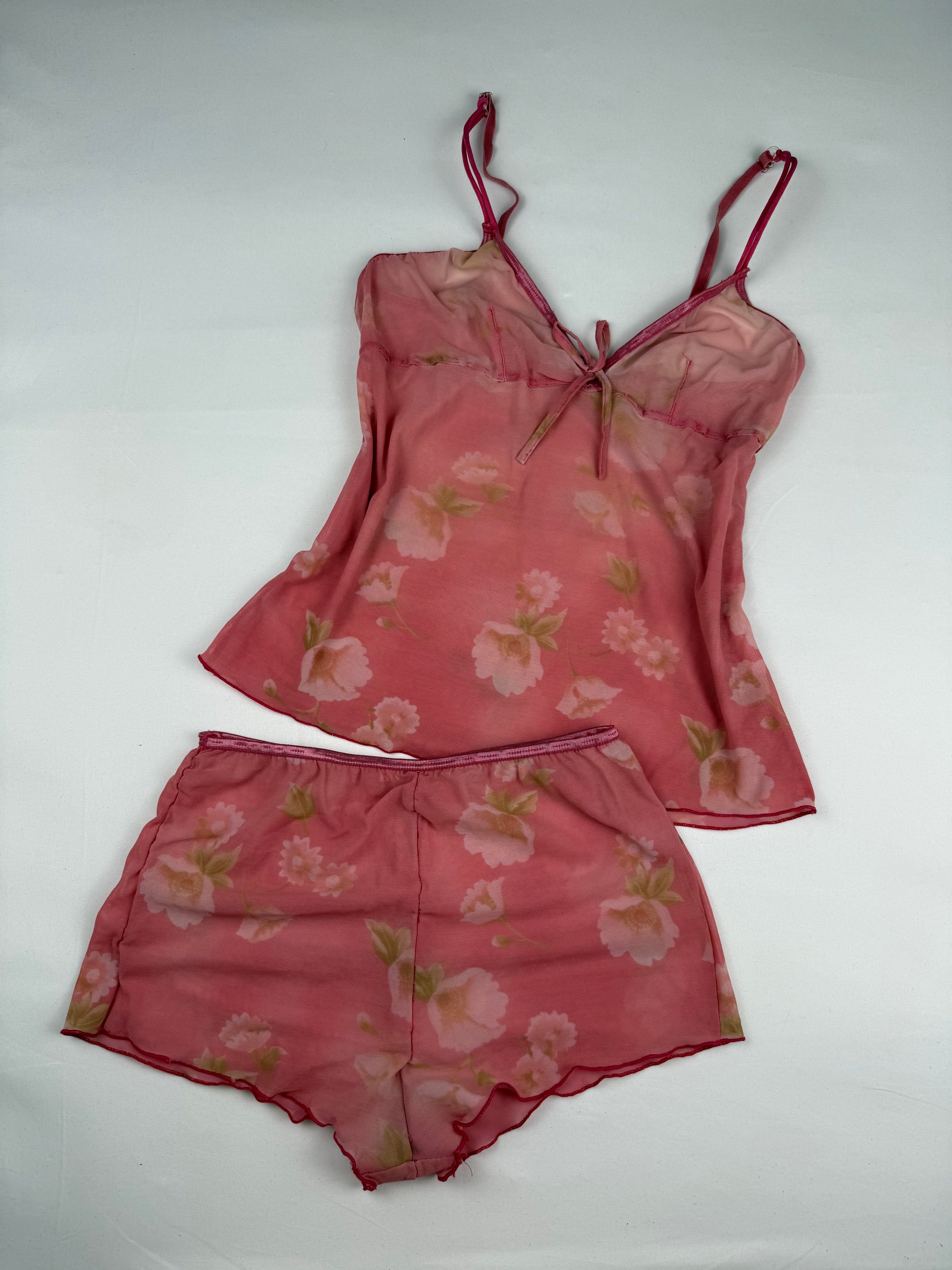Pink floral mesh top + shorty set (L)
