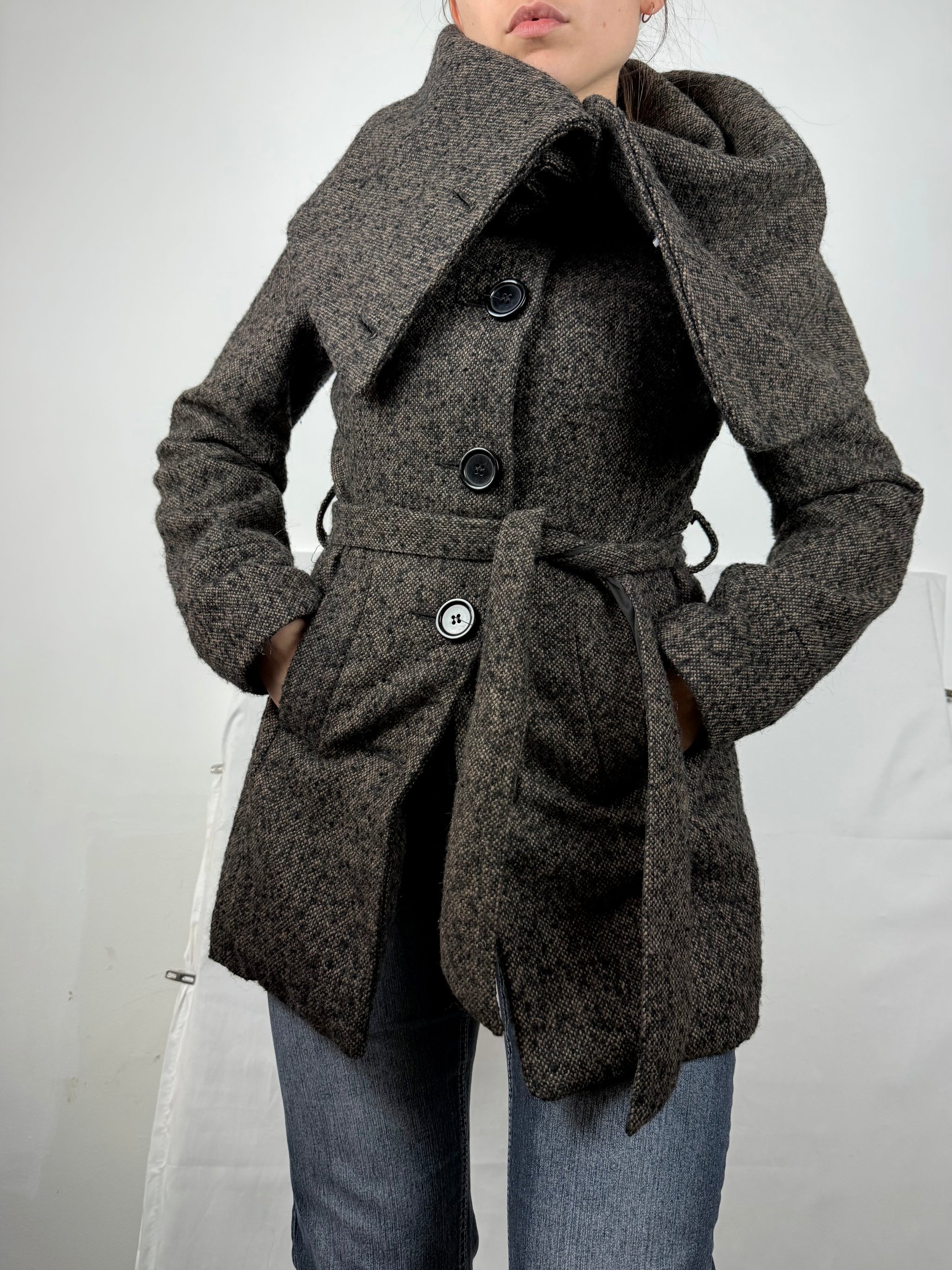 Beige oversized neck wool trench coat (S)