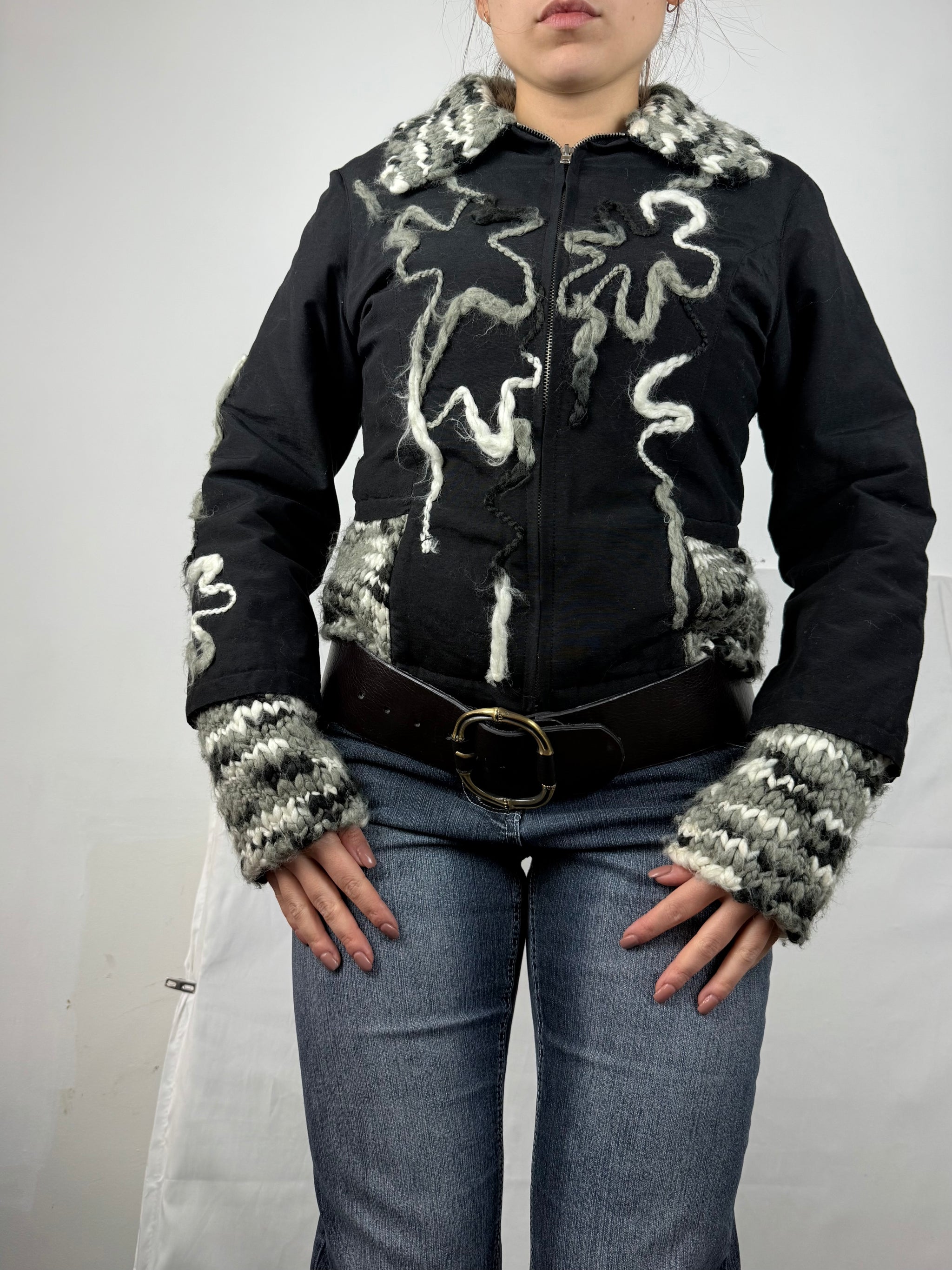 Black embroidered biker jacket (M)