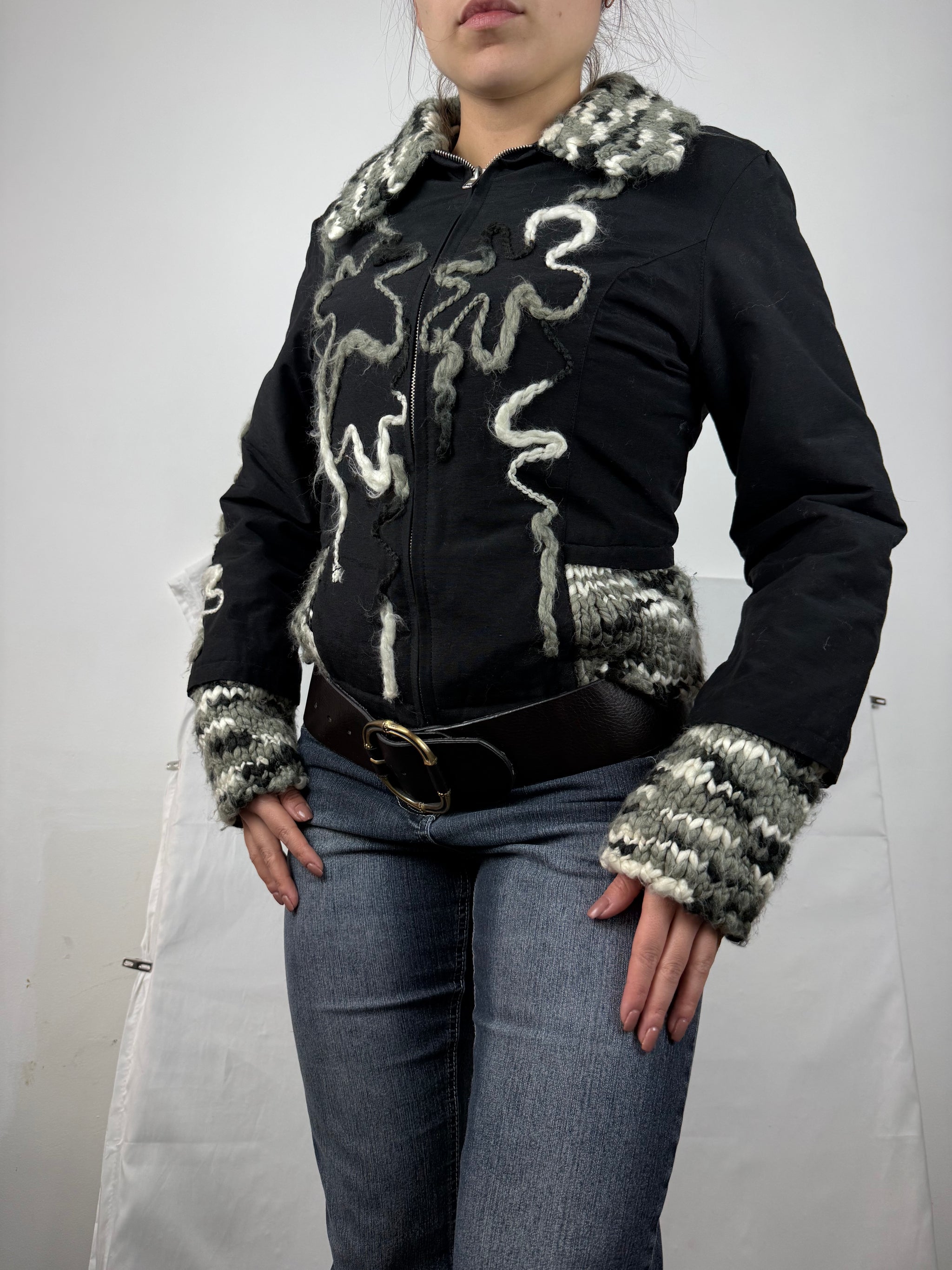 Black embroidered biker jacket (M)