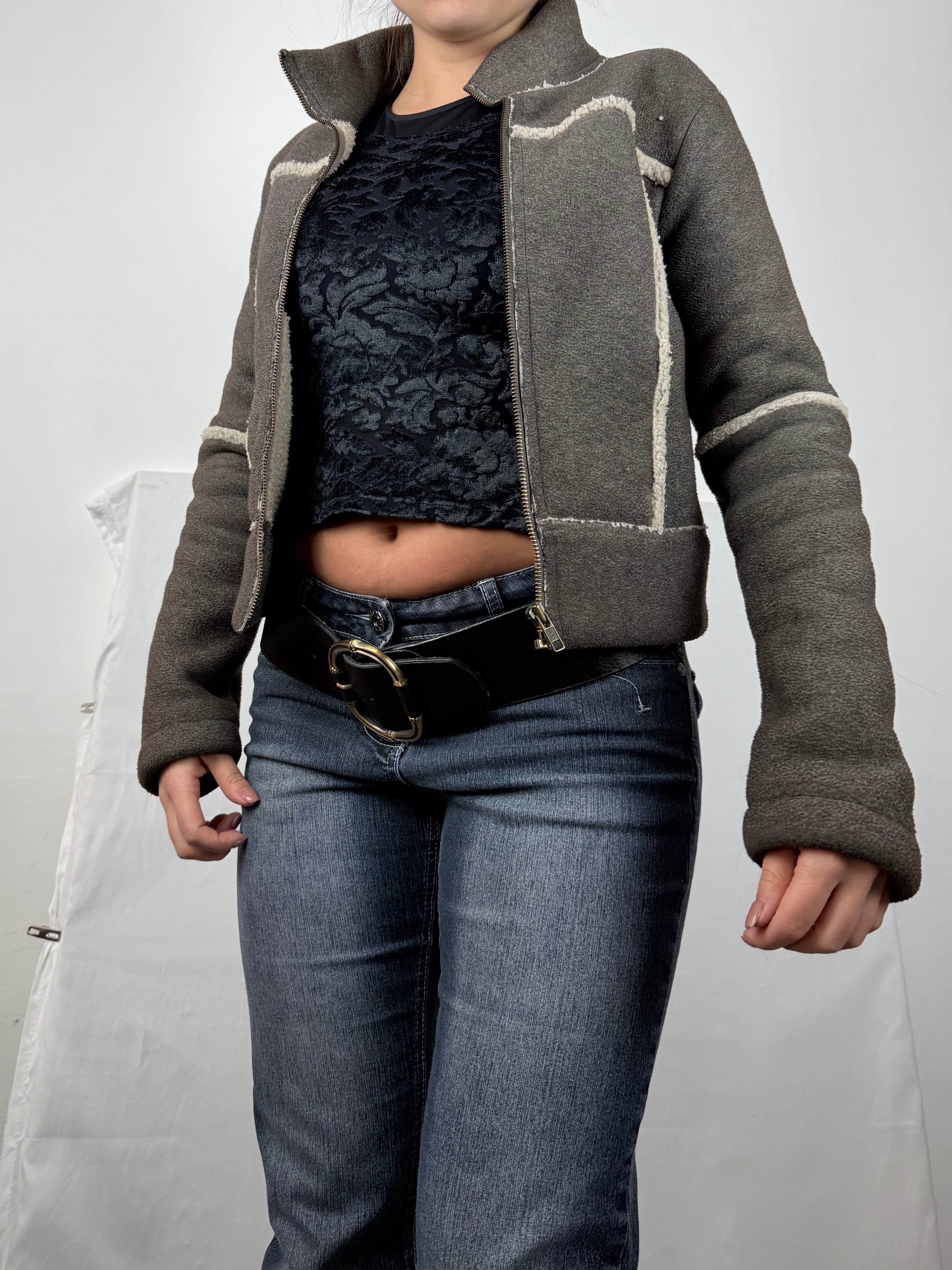 Grey fleece zip up biker jacket (S/M)